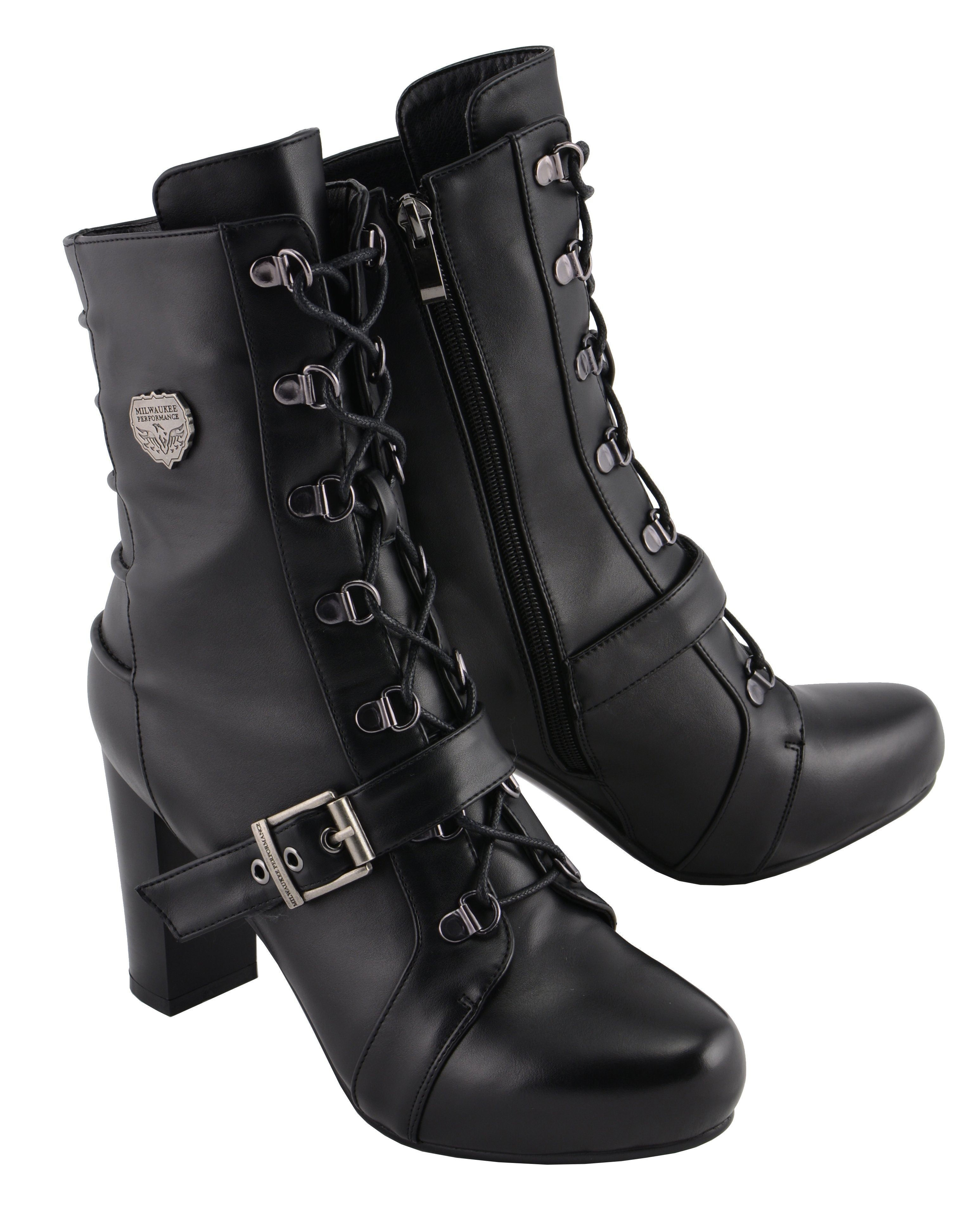 MBL9431 Women's Black Lace-Up Fashion Boots with Block Heel and Buckle Strap