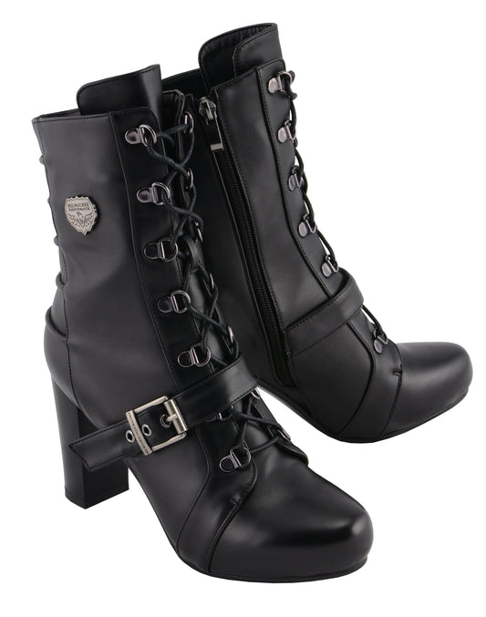 MBL9431 Women's Black Lace-Up Fashion Boots with Block Heel and Buckle Strap