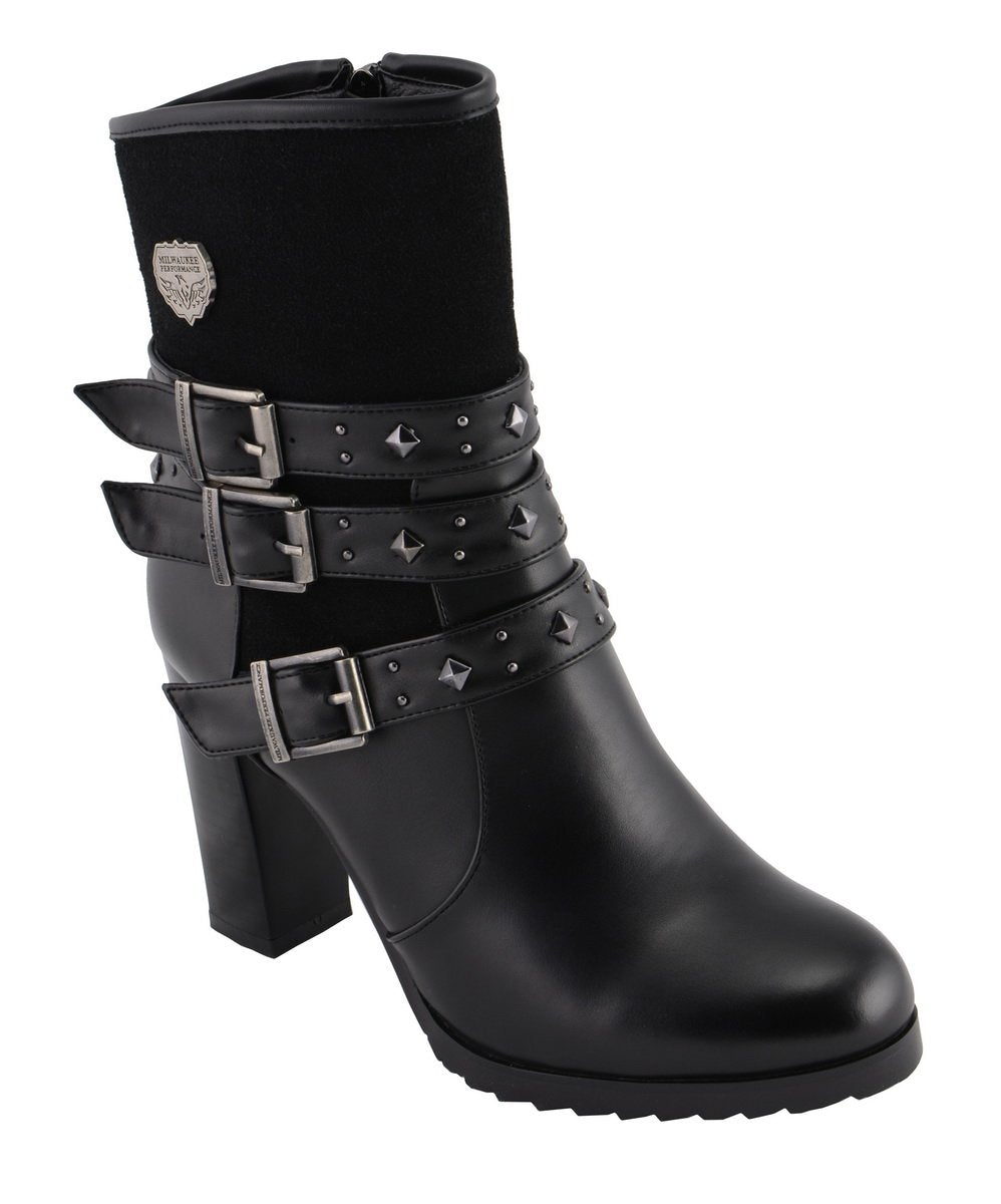 MBL9433 Women's Black Triple Buckle Strap Fashion Riding Boots with Block Heel