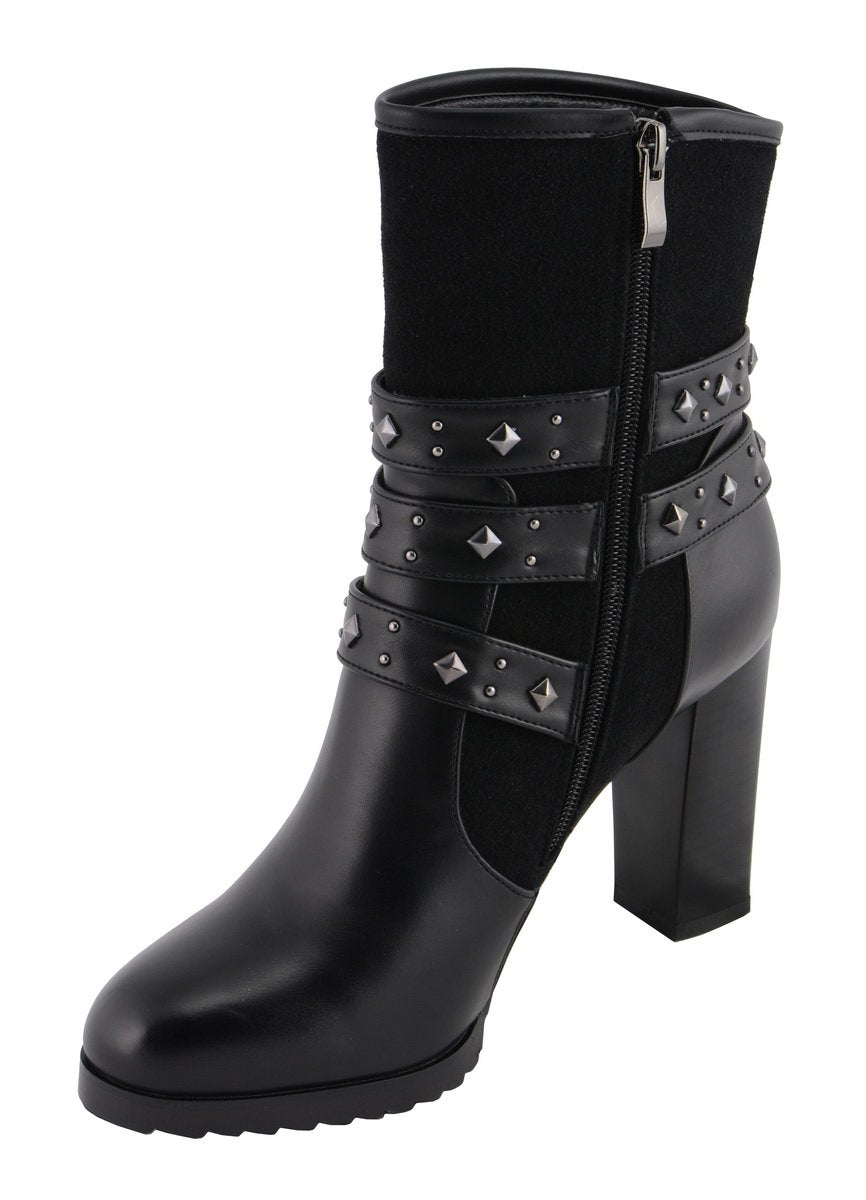 MBL9433 Women's Black Triple Buckle Strap Fashion Riding Boots with Block Heel