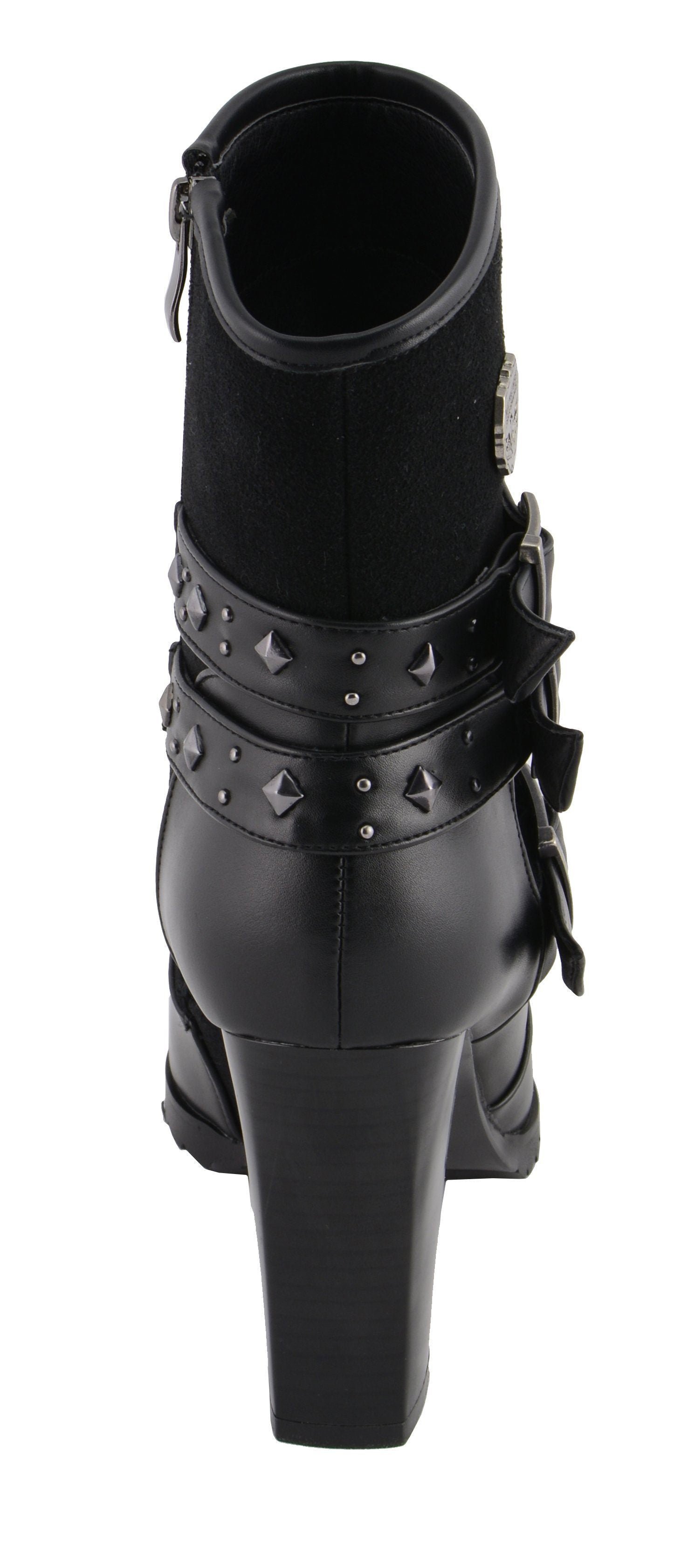 MBL9433 Women's Black Triple Buckle Strap Fashion Riding Boots with Block Heel