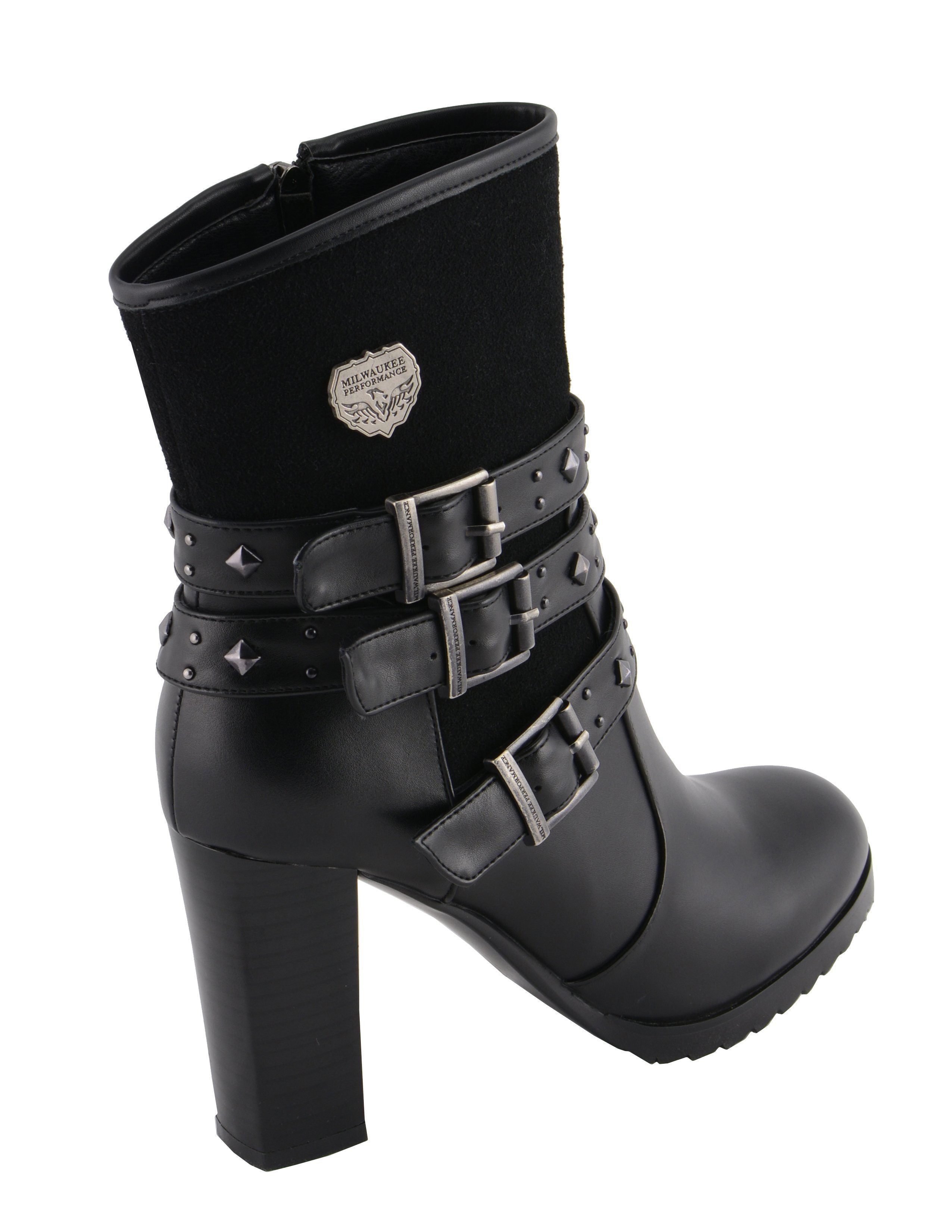 MBL9433 Women's Black Triple Buckle Strap Fashion Riding Boots with Block Heel