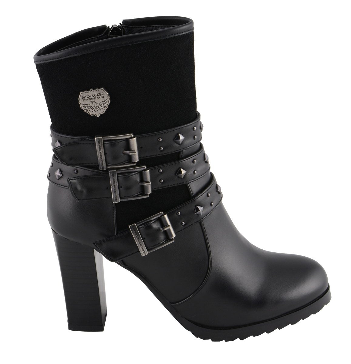 MBL9433 Women's Black Triple Buckle Strap Fashion Riding Boots with Block Heel