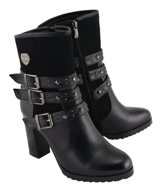 MBL9433 Women's Black Triple Buckle Strap Fashion Riding Boots with Block Heel