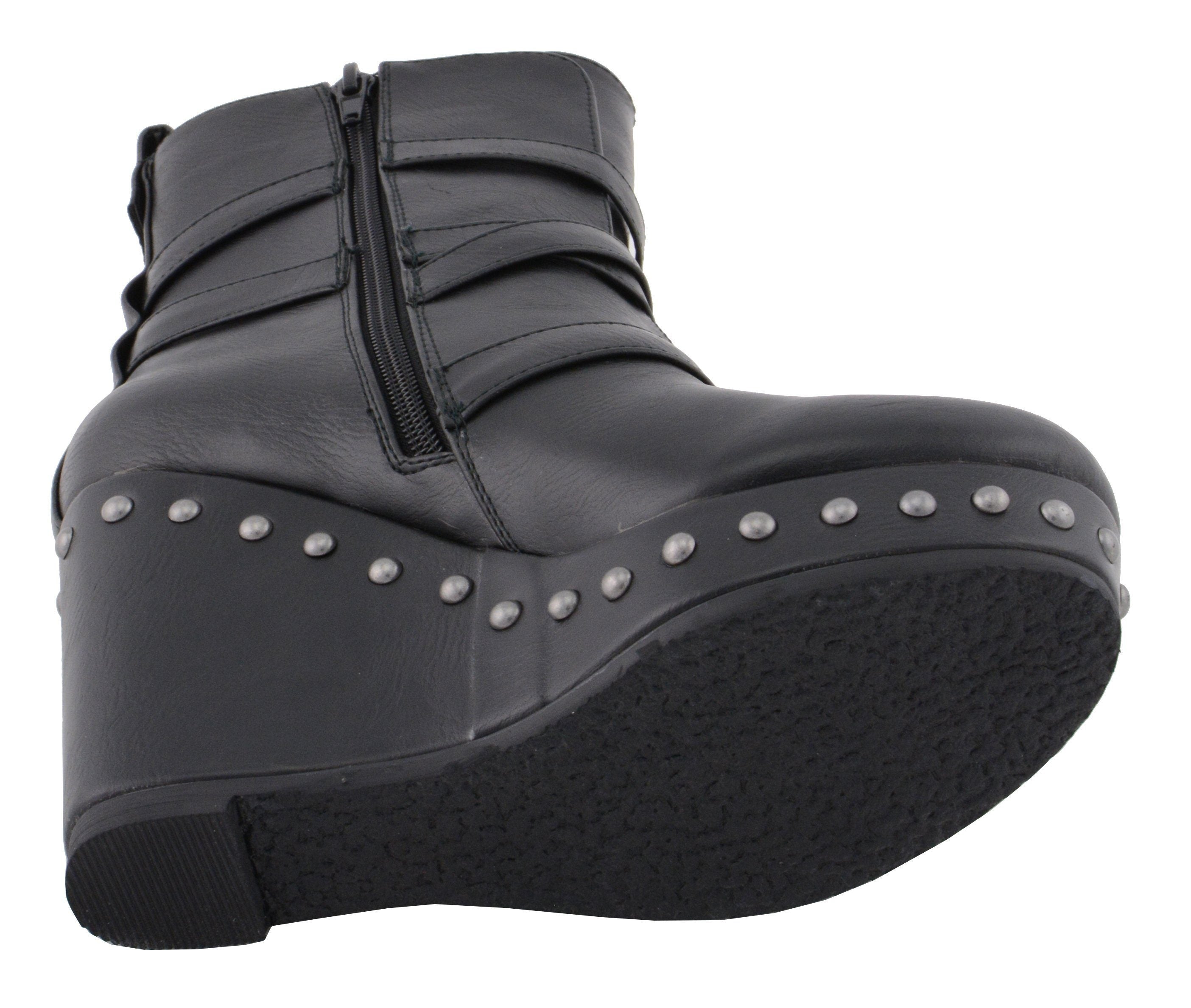 Women's Black Triple Strap Fashion Boots with Platform Wedge MBL9437