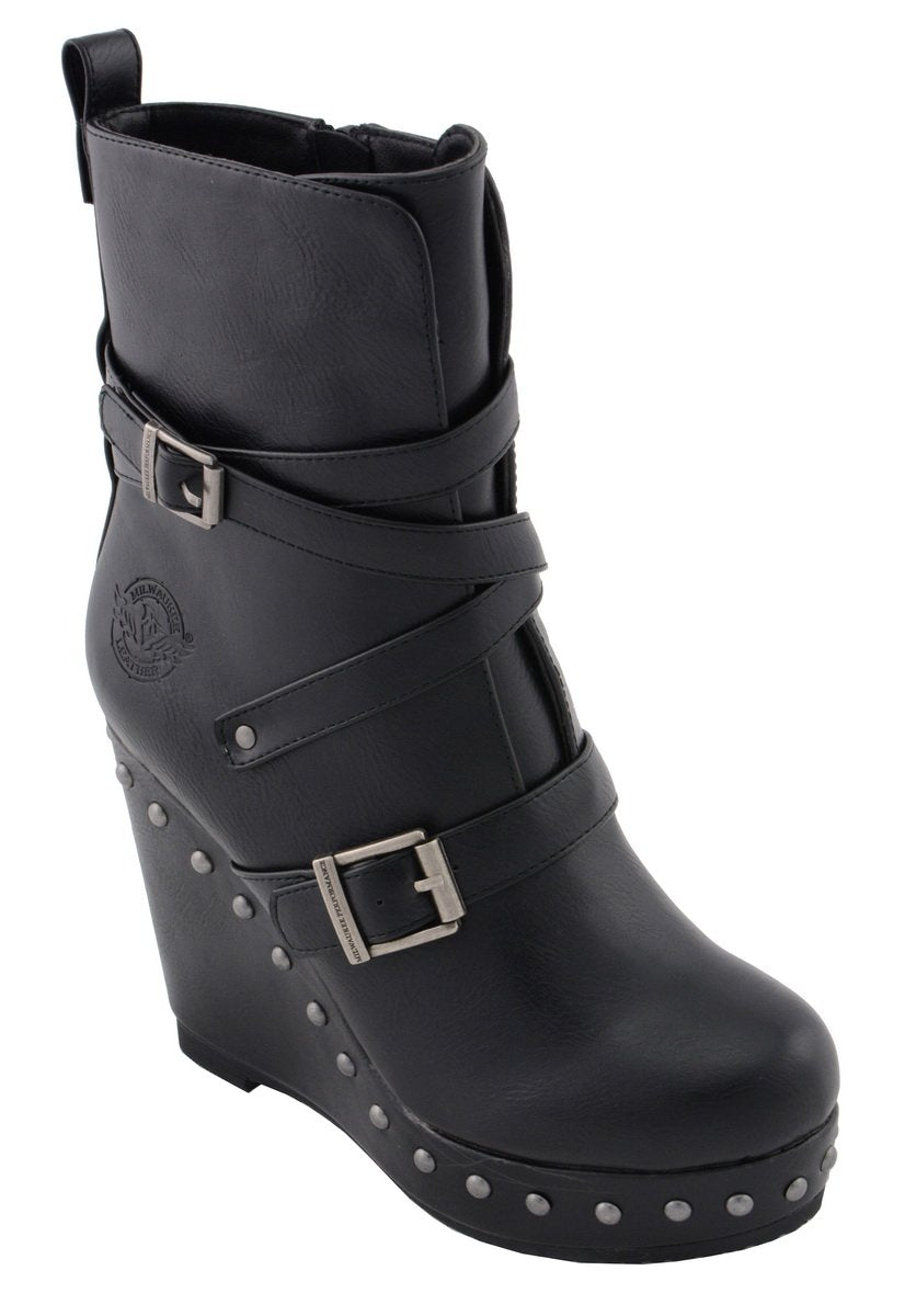Women's Black Triple Strap Fashion Boots with Platform Wedge MBL9437