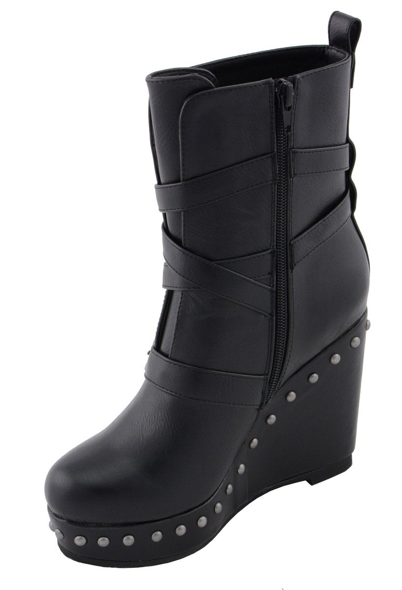 Women's Black Triple Strap Fashion Boots with Platform Wedge MBL9437