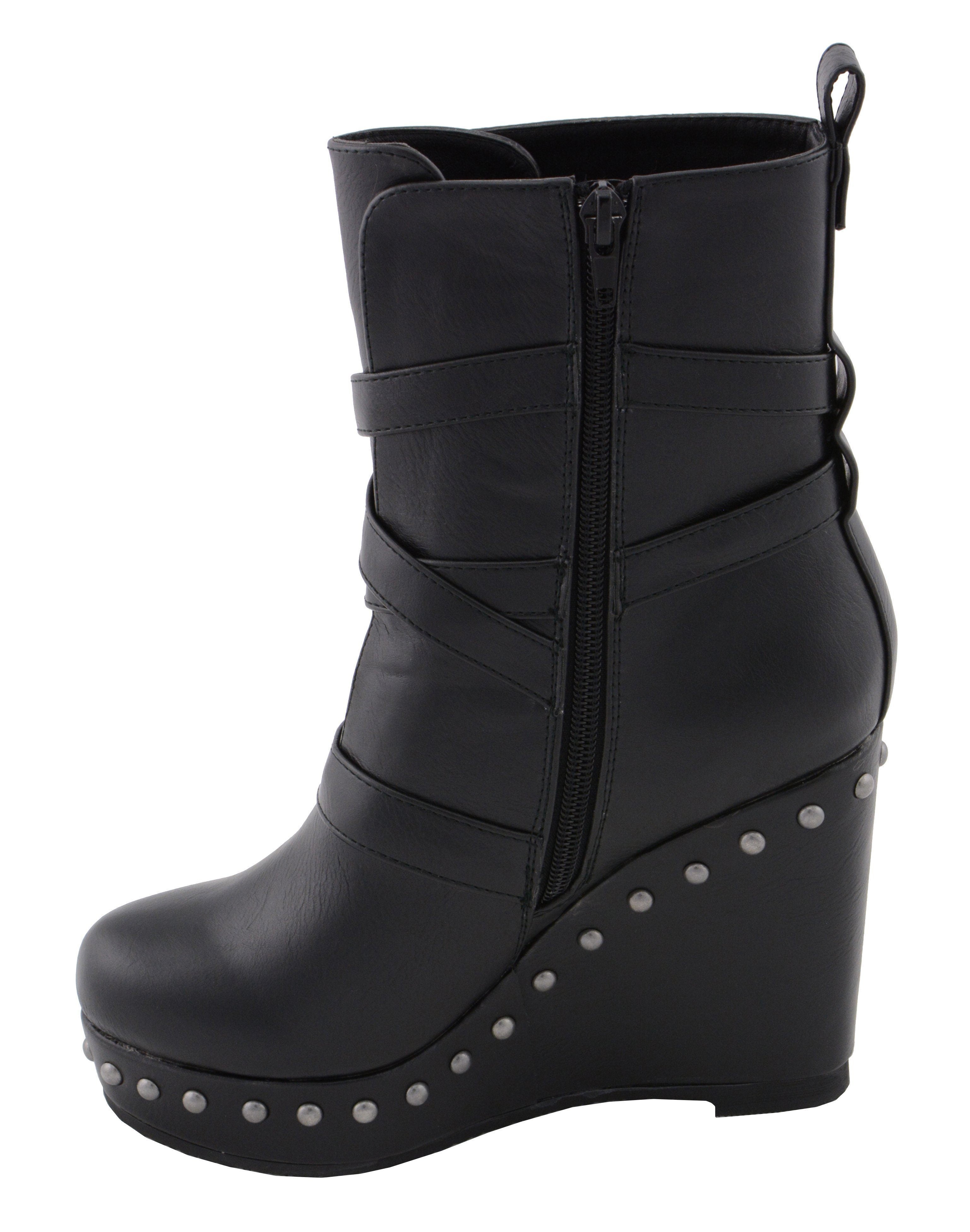 Women's Black Triple Strap Fashion Boots with Platform Wedge MBL9437