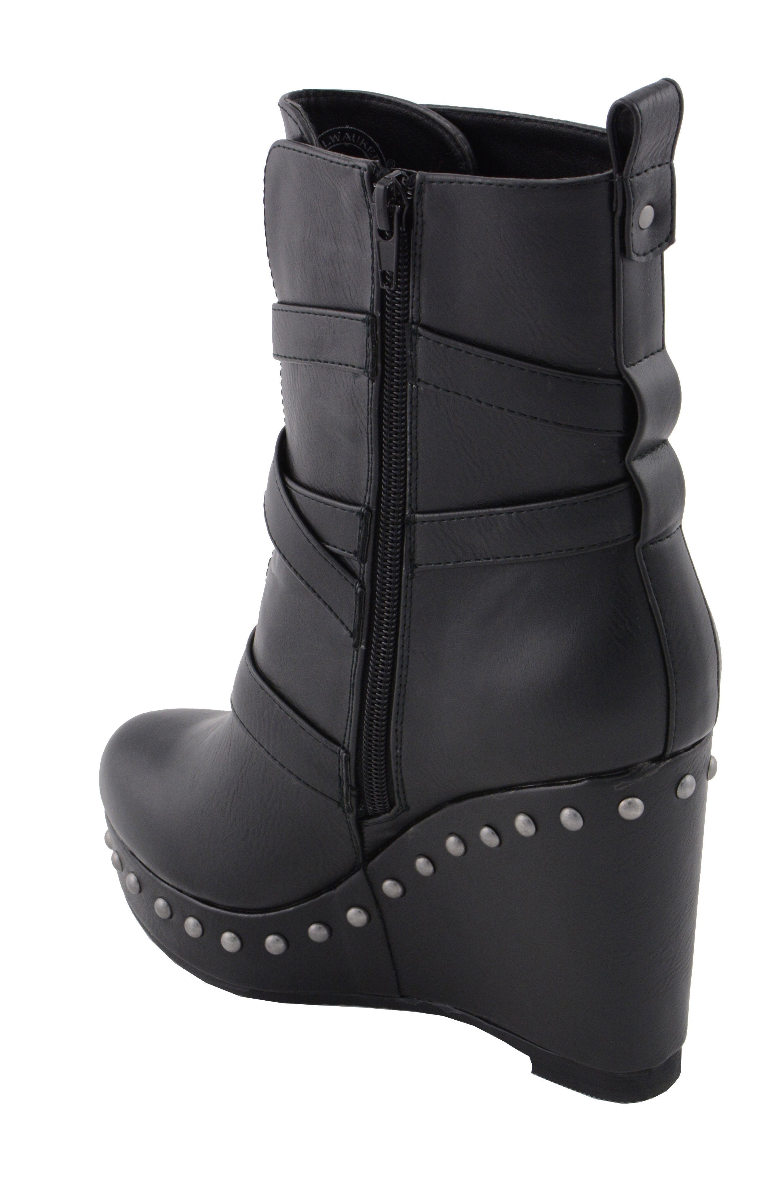 Women's Black Triple Strap Fashion Boots with Platform Wedge MBL9437