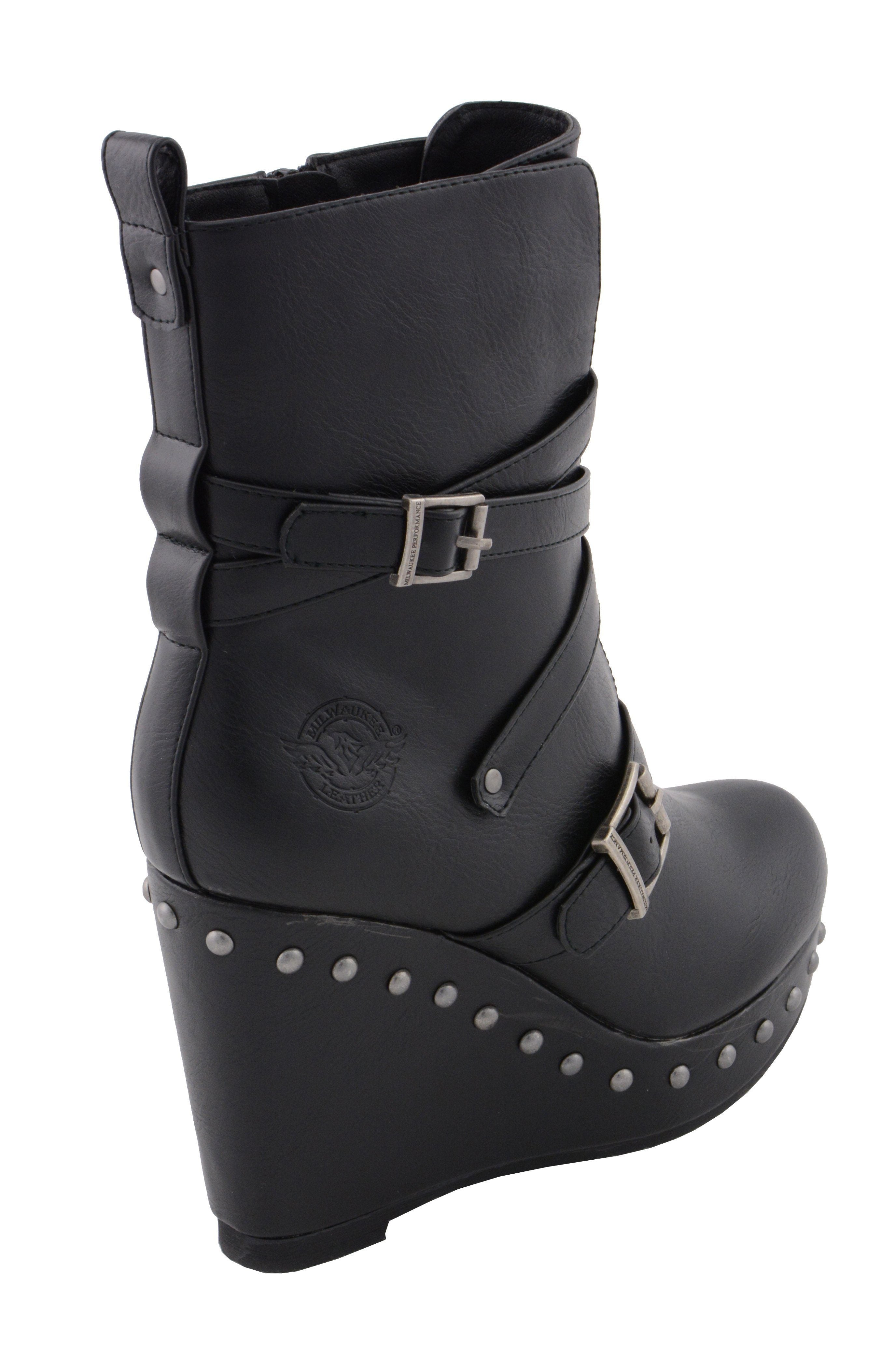Women's Black Triple Strap Fashion Boots with Platform Wedge MBL9437