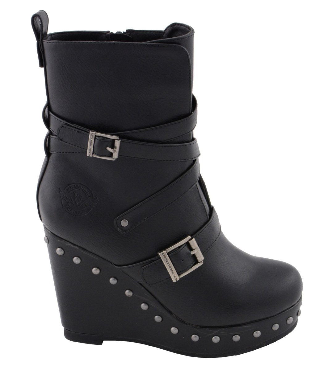 Women's Black Triple Strap Fashion Boots with Platform Wedge MBL9437