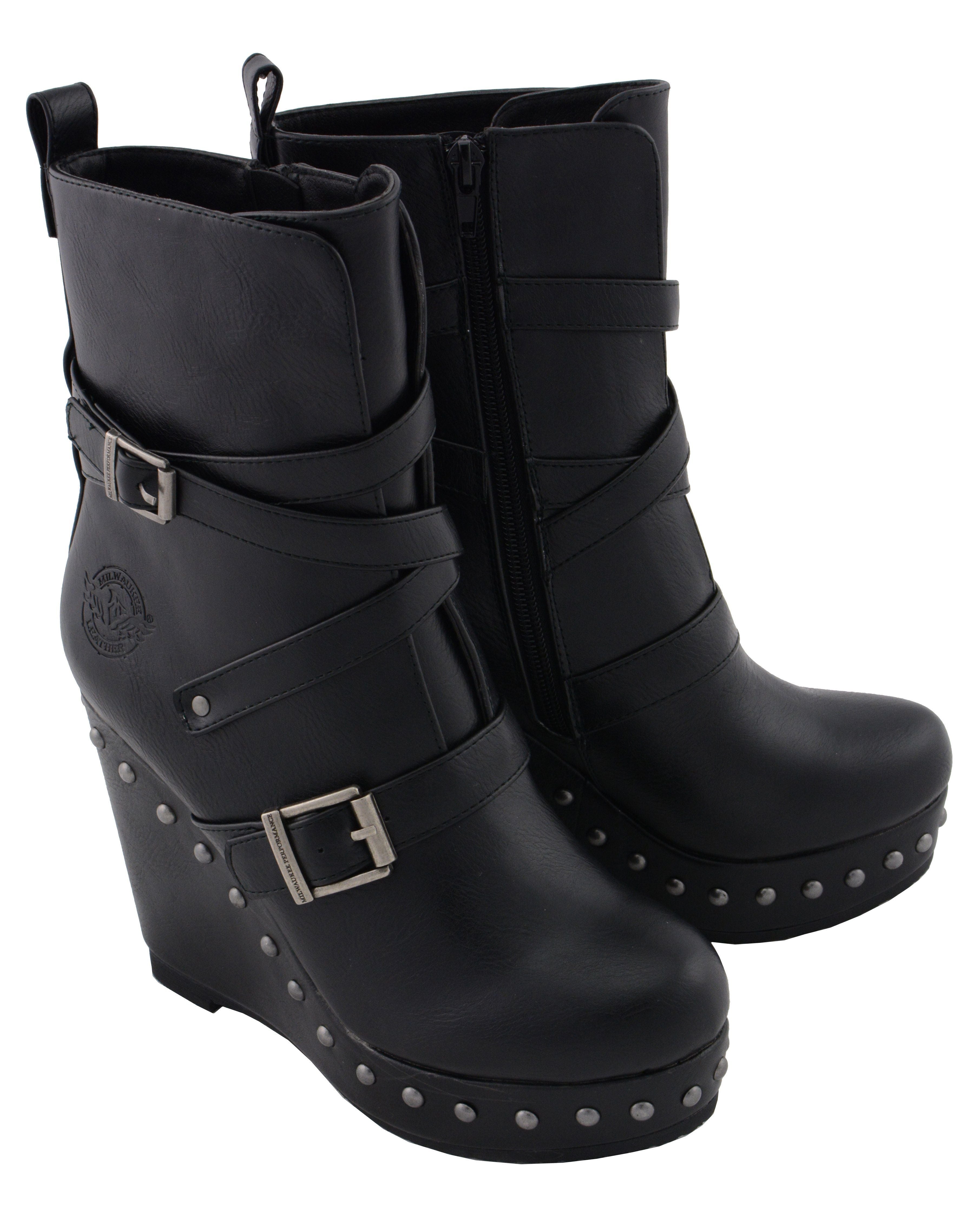 Women's Black Triple Strap Fashion Boots with Platform Wedge MBL9437