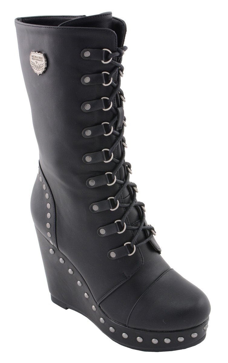 MBL9438 Women's Black Tall Lace-Up Fashion Casual Boots with Platform Wedge
