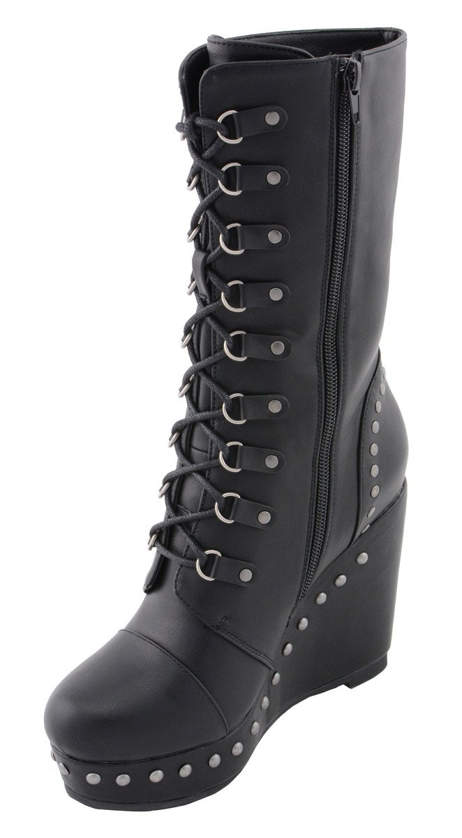 MBL9438 Women's Black Tall Lace-Up Fashion Casual Boots with Platform Wedge