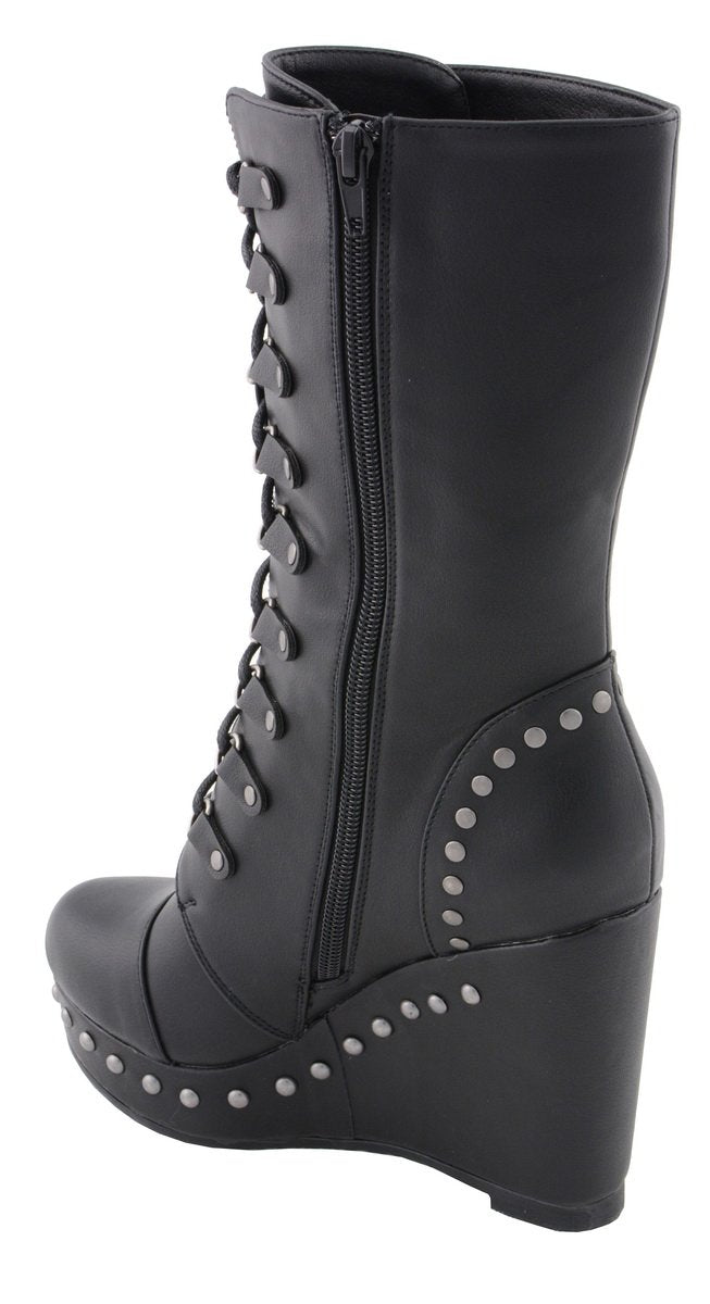 MBL9438 Women's Black Tall Lace-Up Fashion Casual Boots with Platform Wedge