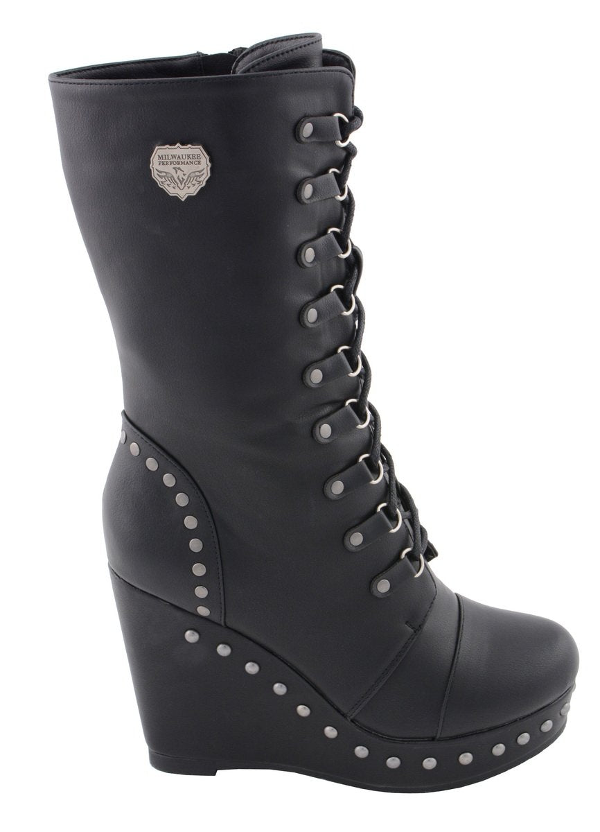 MBL9438 Women's Black Tall Lace-Up Fashion Casual Boots with Platform Wedge