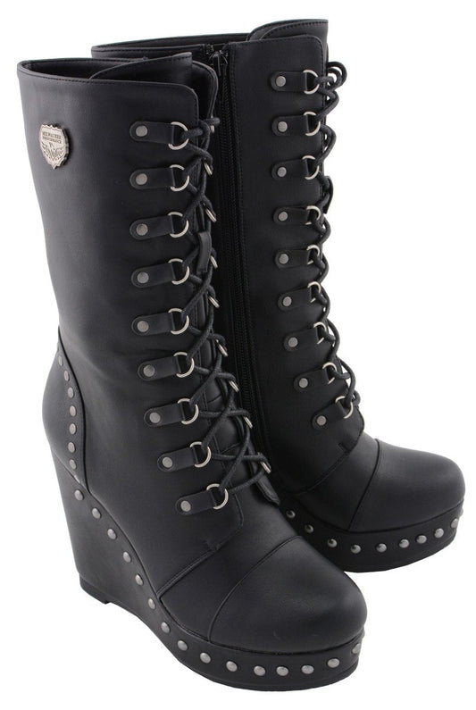 MBL9438 Women's Black Tall Lace-Up Fashion Casual Boots with Platform Wedge
