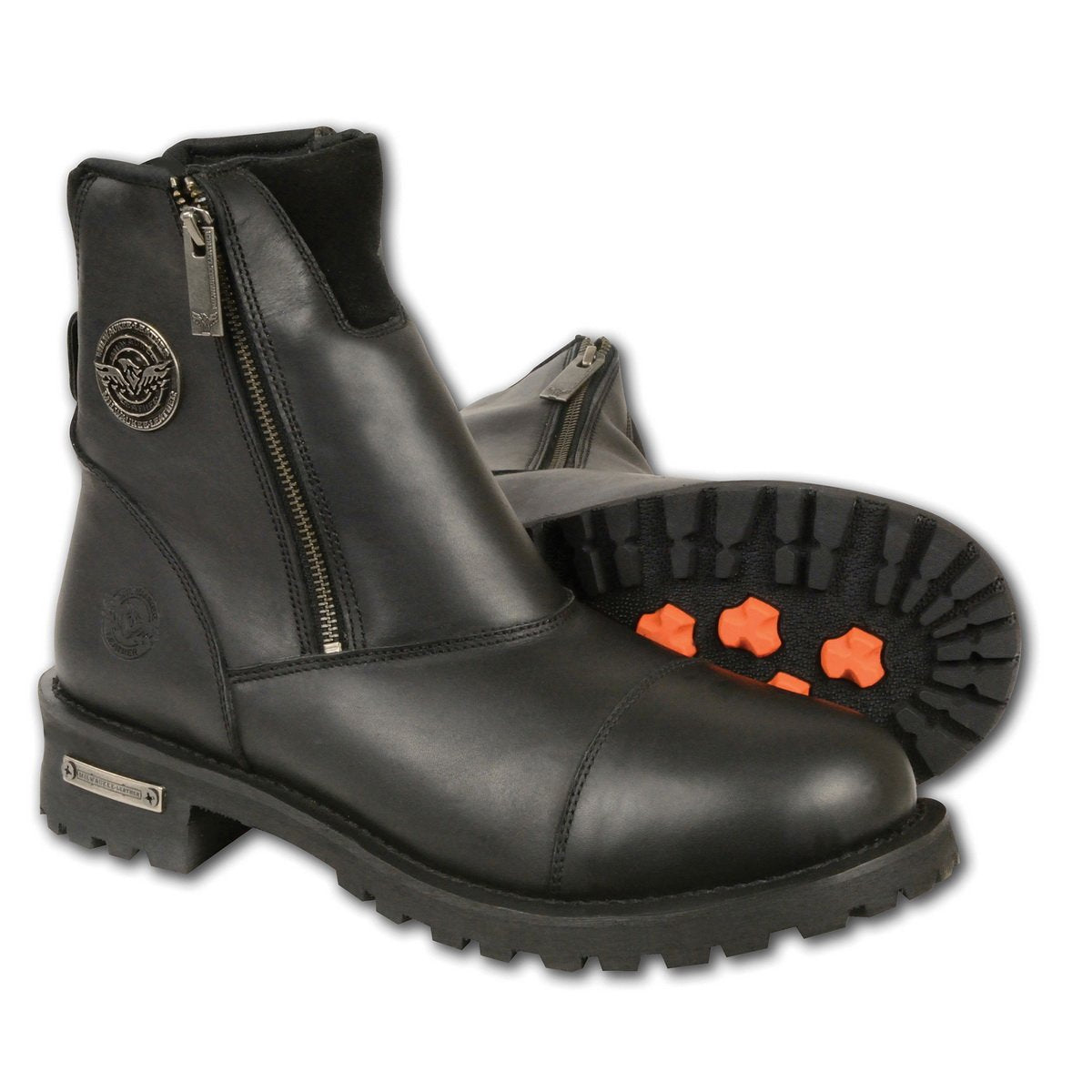 MBM102 Men's Black Smooth Double Sided Zipper Entry Motorcycle Leather Boots