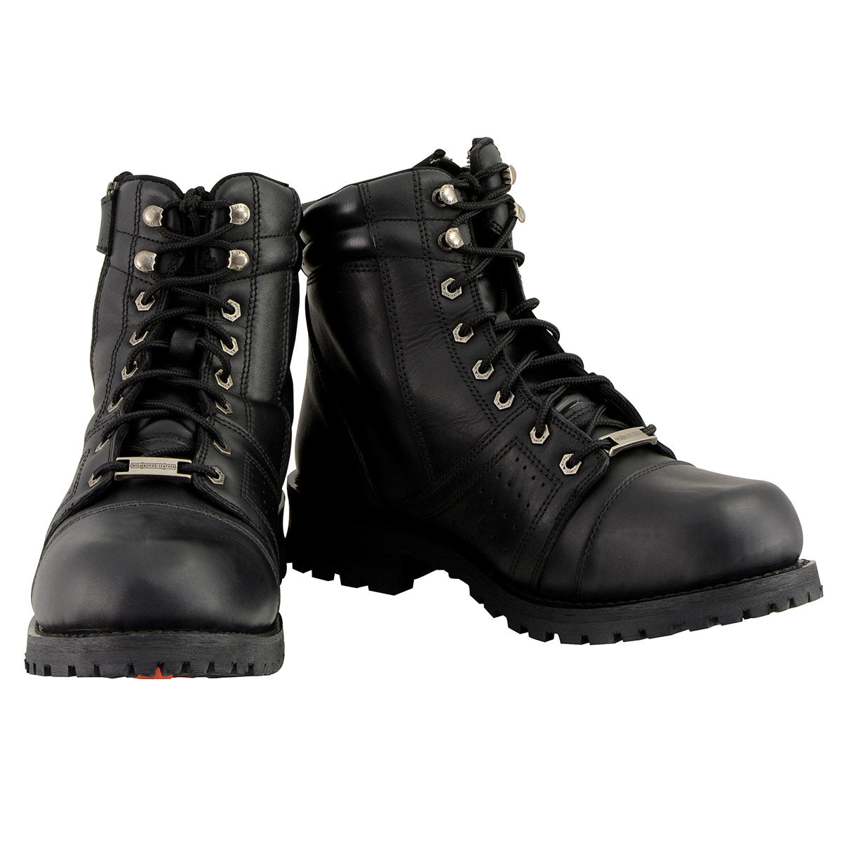 Men's Black Lace-Up Wide-Width Motorcycle Leather Boots with Side Zipper Entry MBM9000W