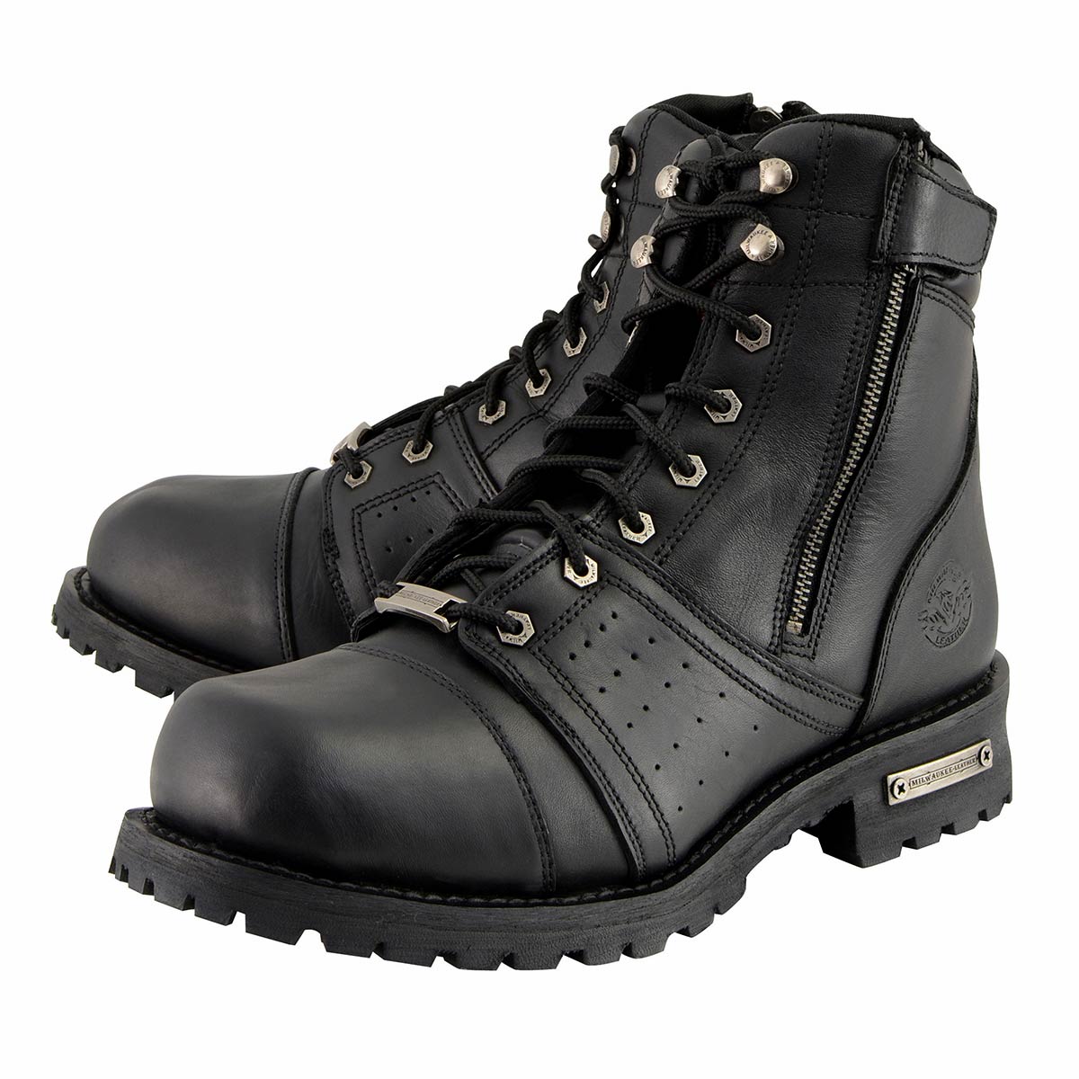 Men's Black Lace-Up Motorcycle Riding Leather Boots with Side Zipper Entry MBM9000