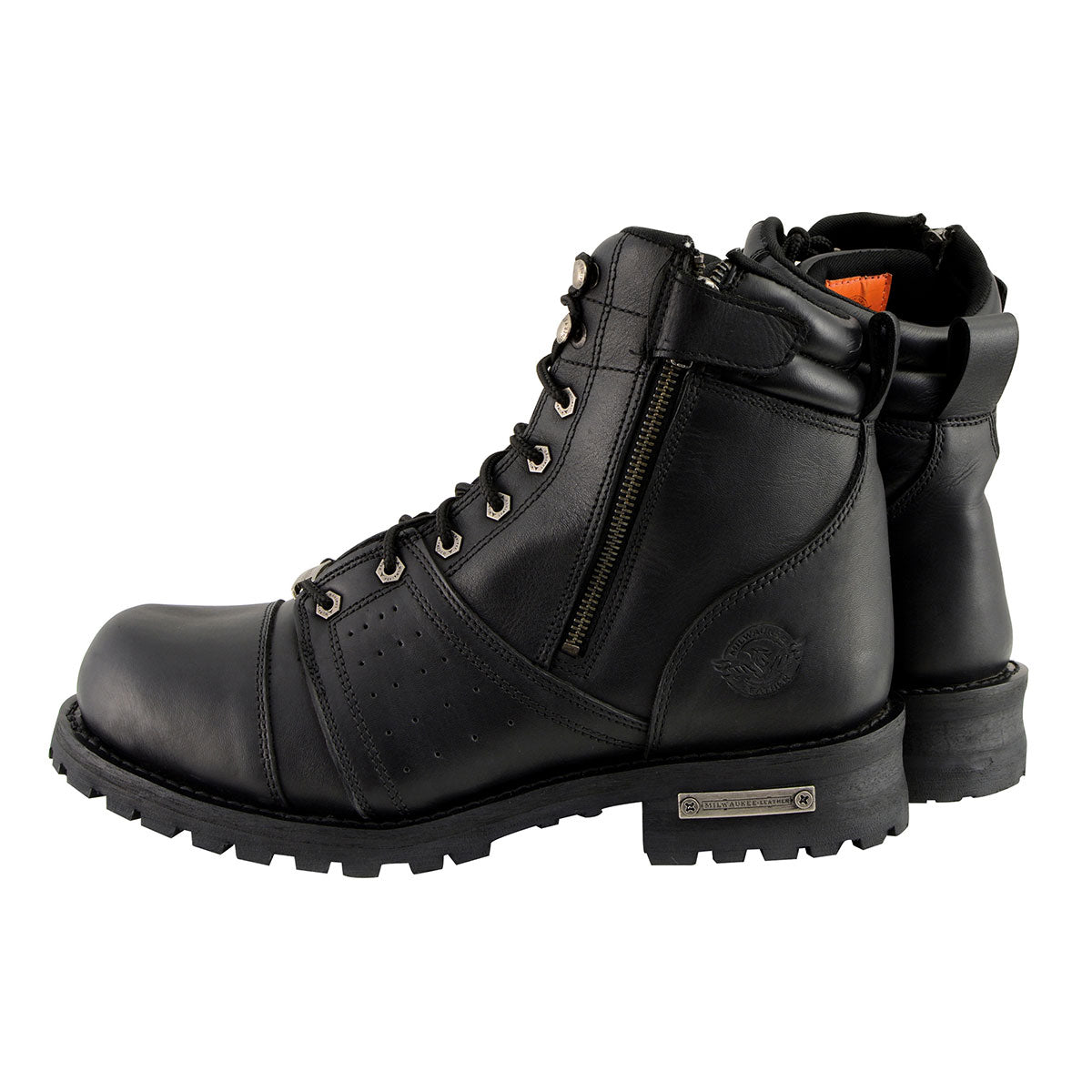 Men's Black Lace-Up Wide-Width Motorcycle Leather Boots with Side Zipper Entry MBM9000W