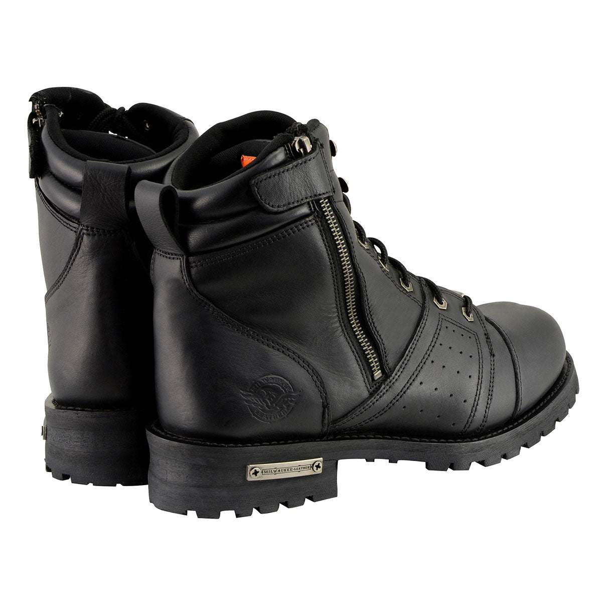 Men's Black Lace-Up Wide-Width Motorcycle Leather Boots with Side Zipper Entry MBM9000W
