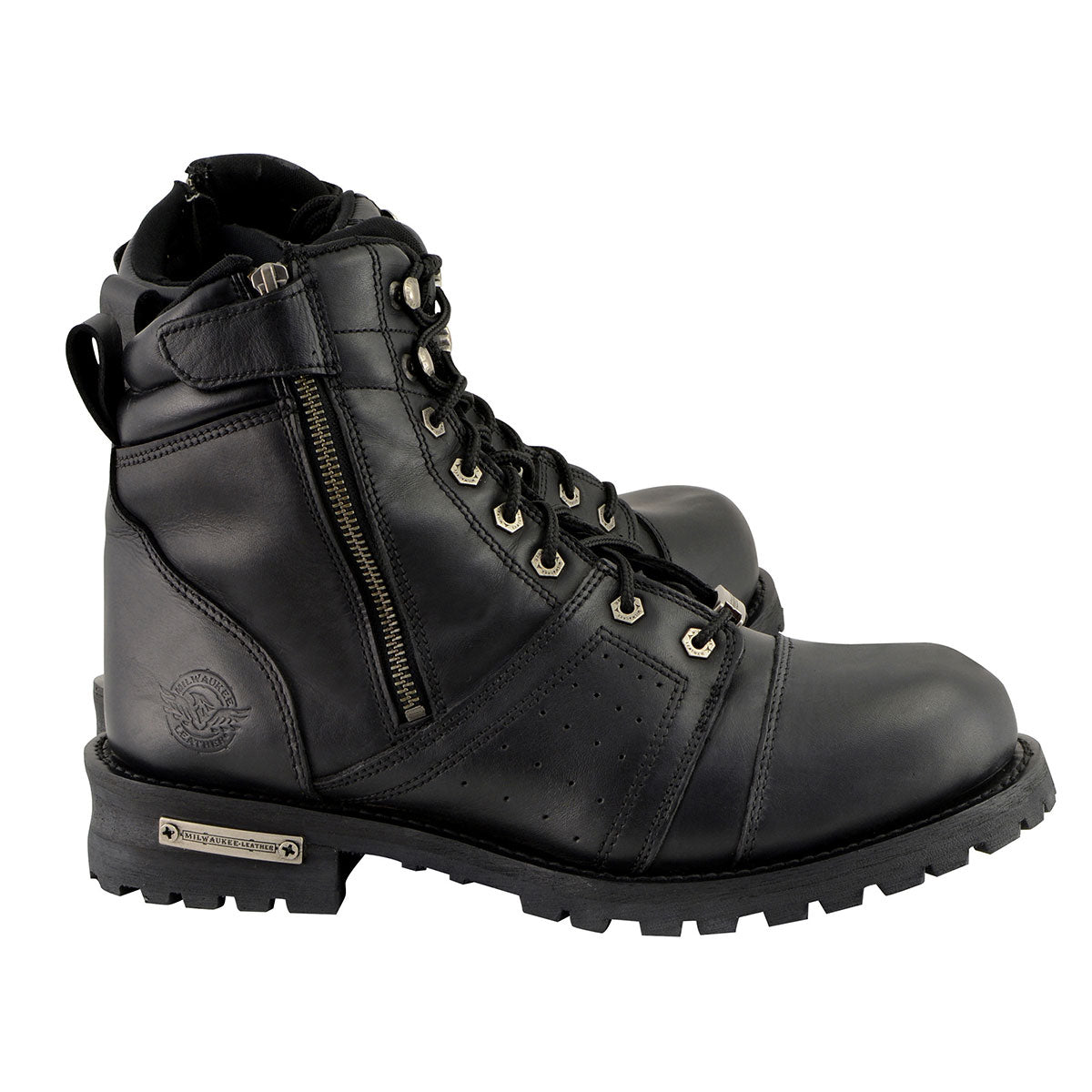 Men's Black Lace-Up Wide-Width Motorcycle Leather Boots with Side Zipper Entry MBM9000W