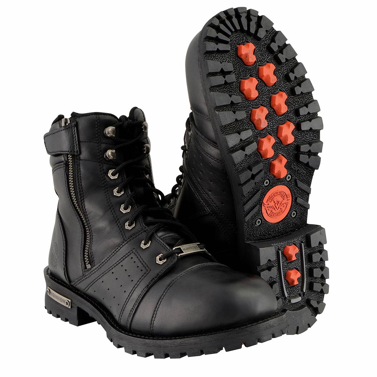 Men's Black Lace-Up Wide-Width Motorcycle Leather Boots with Side Zipper Entry MBM9000W