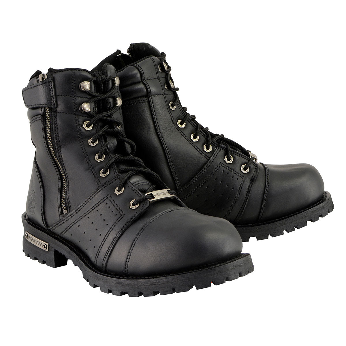 Men's Black Lace-Up Wide-Width Motorcycle Leather Boots with Side Zipper Entry MBM9000W