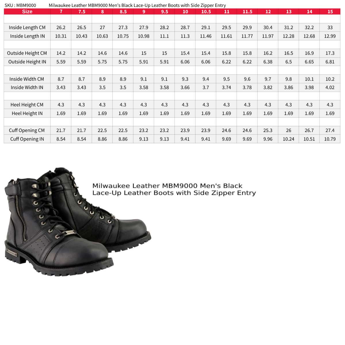 Men's Black Lace-Up Motorcycle Riding Leather Boots with Side Zipper Entry MBM9000
