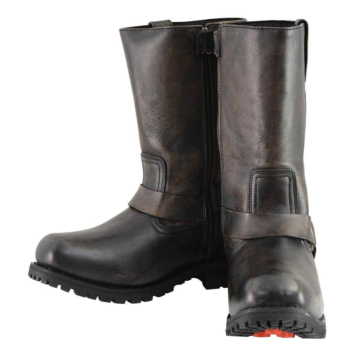 Men's Distressed Brown Leather Wide Width 11-inch Square Toe Harness  Motorcycle Boots MBM9005W