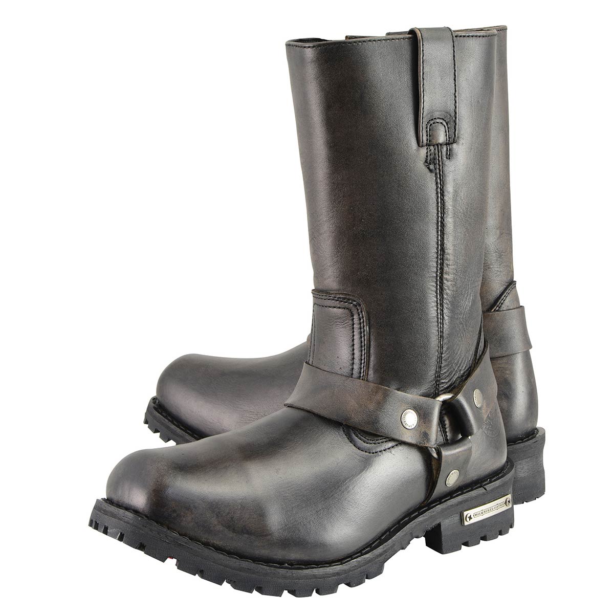 Men's Distressed Brown Leather Wide Width 11-inch Square Toe Harness  Motorcycle Boots MBM9005W