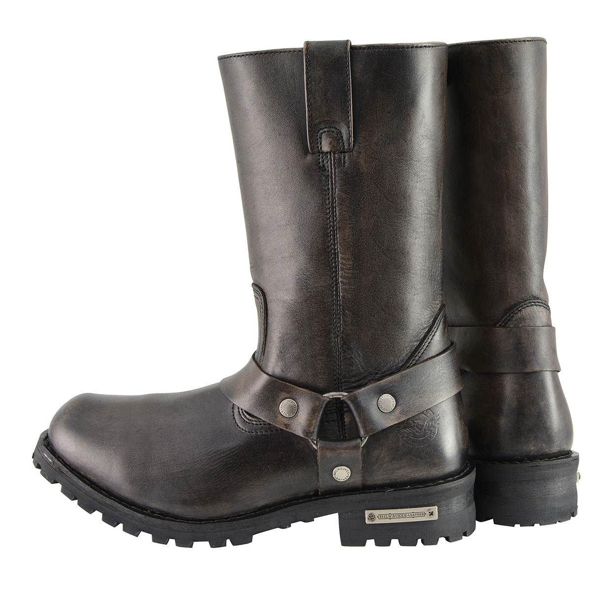 Men's Distressed Brown Leather Wide Width 11-inch Square Toe Harness  Motorcycle Boots MBM9005W