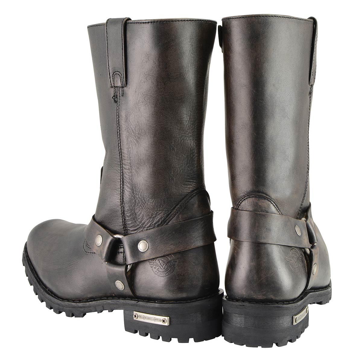 Men's Distressed Brown Leather Wide Width 11-inch Square Toe Harness  Motorcycle Boots MBM9005W