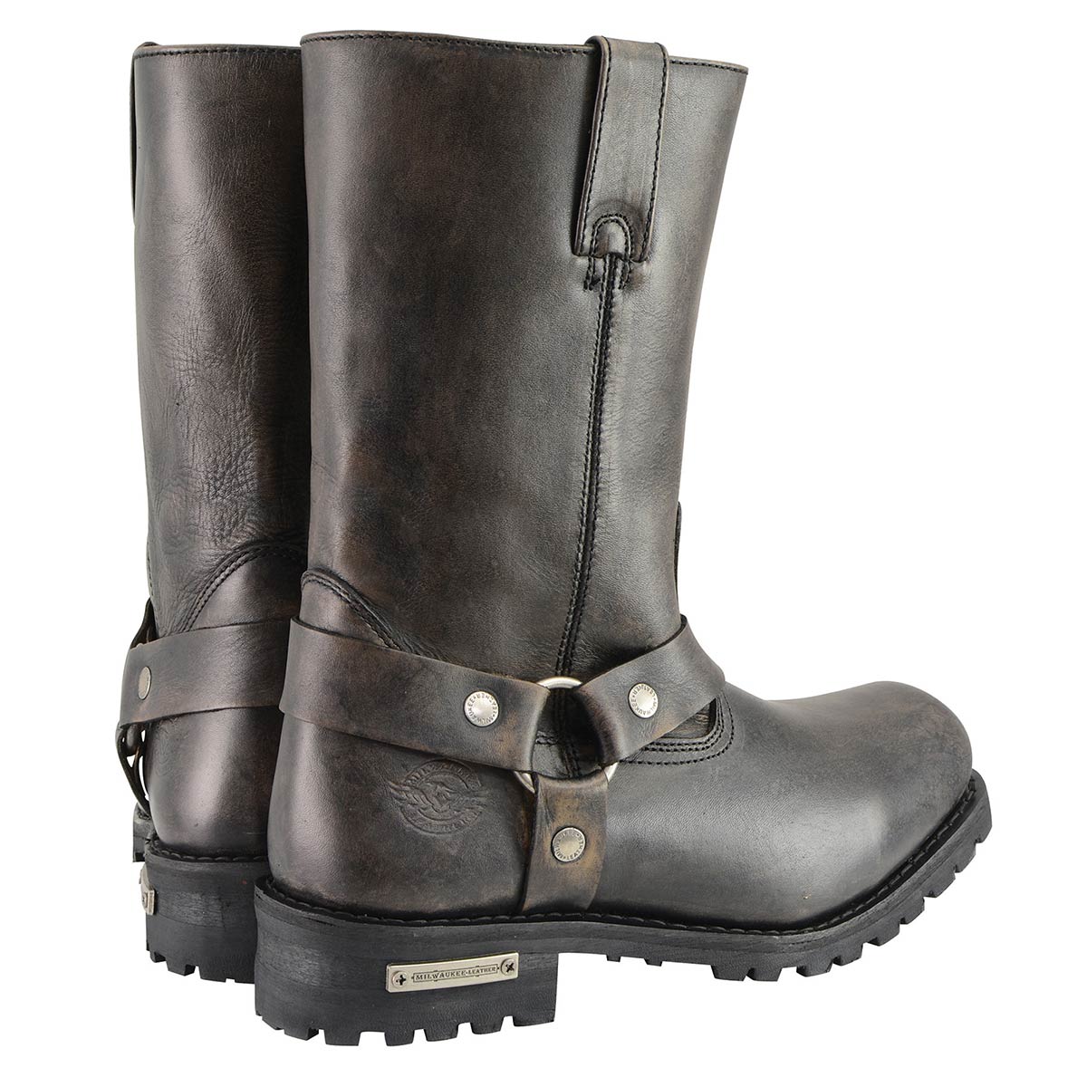 Men's Distressed Brown Leather Wide Width 11-inch Square Toe Harness  Motorcycle Boots MBM9005W