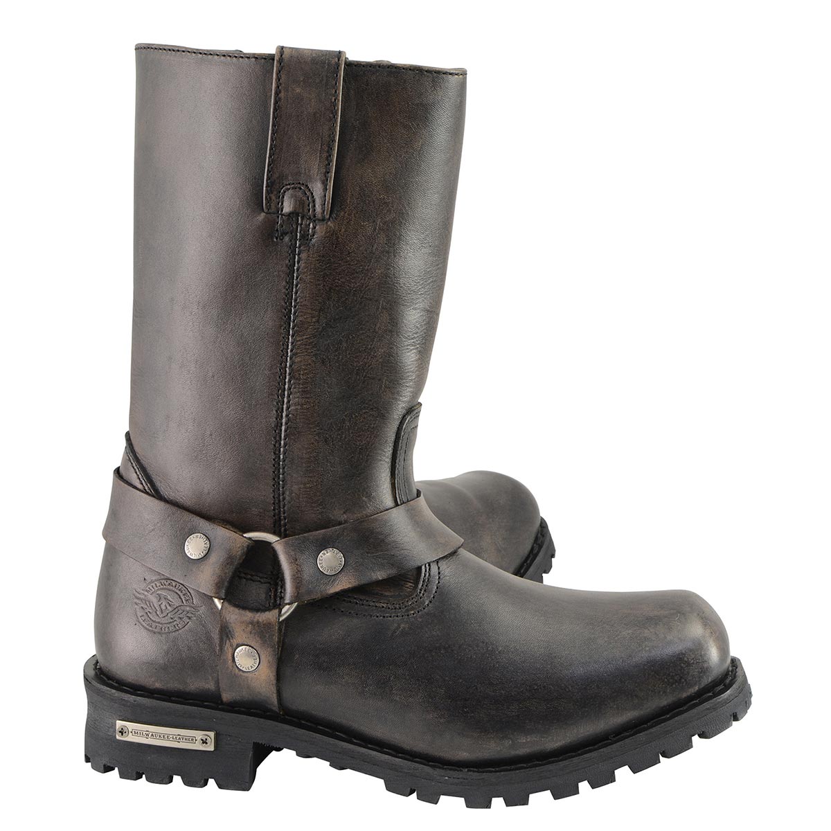 Men's Distressed Brown Leather Wide Width 11-inch Square Toe Harness  Motorcycle Boots MBM9005W