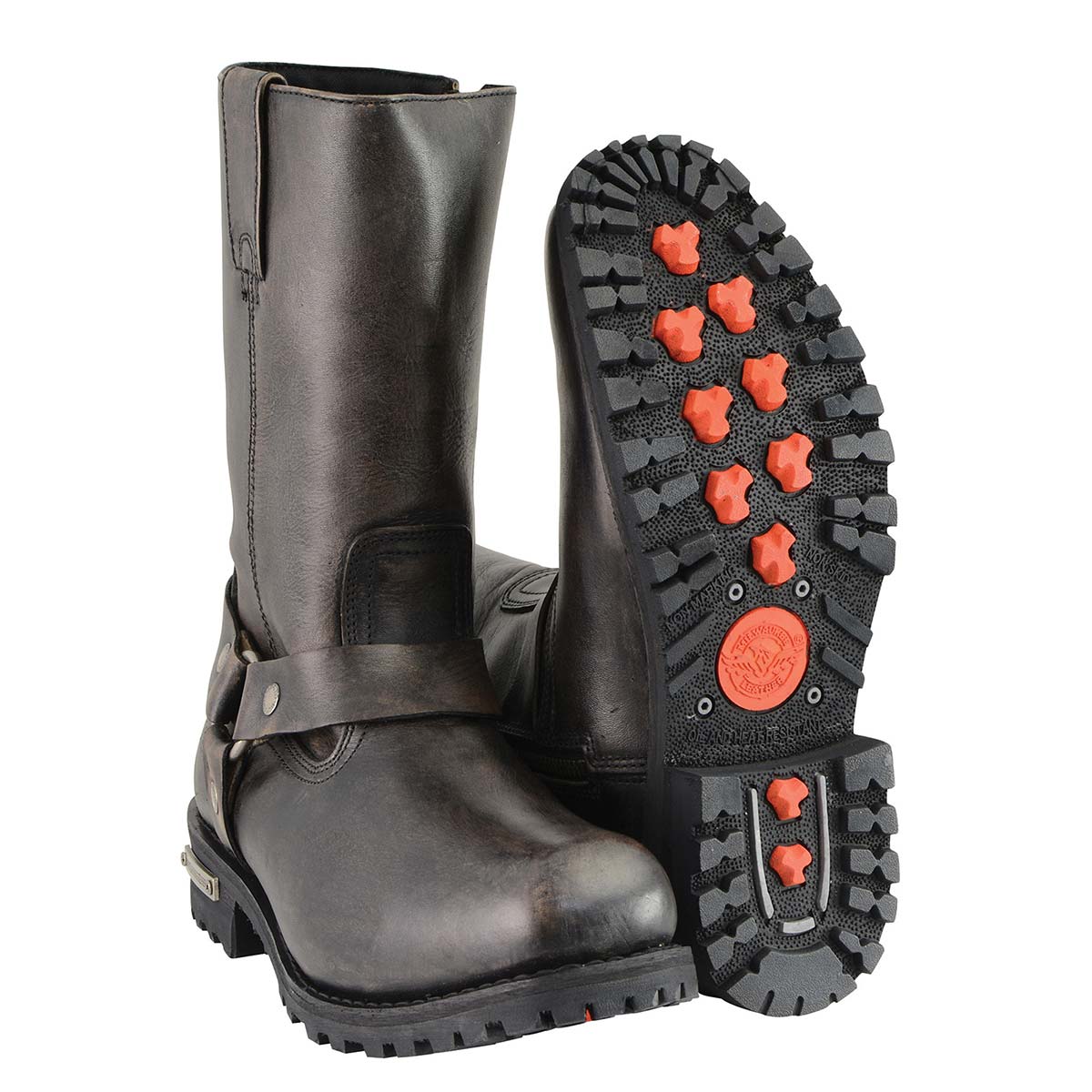 Men's Distressed Brown Leather Wide Width 11-inch Square Toe Harness  Motorcycle Boots MBM9005W