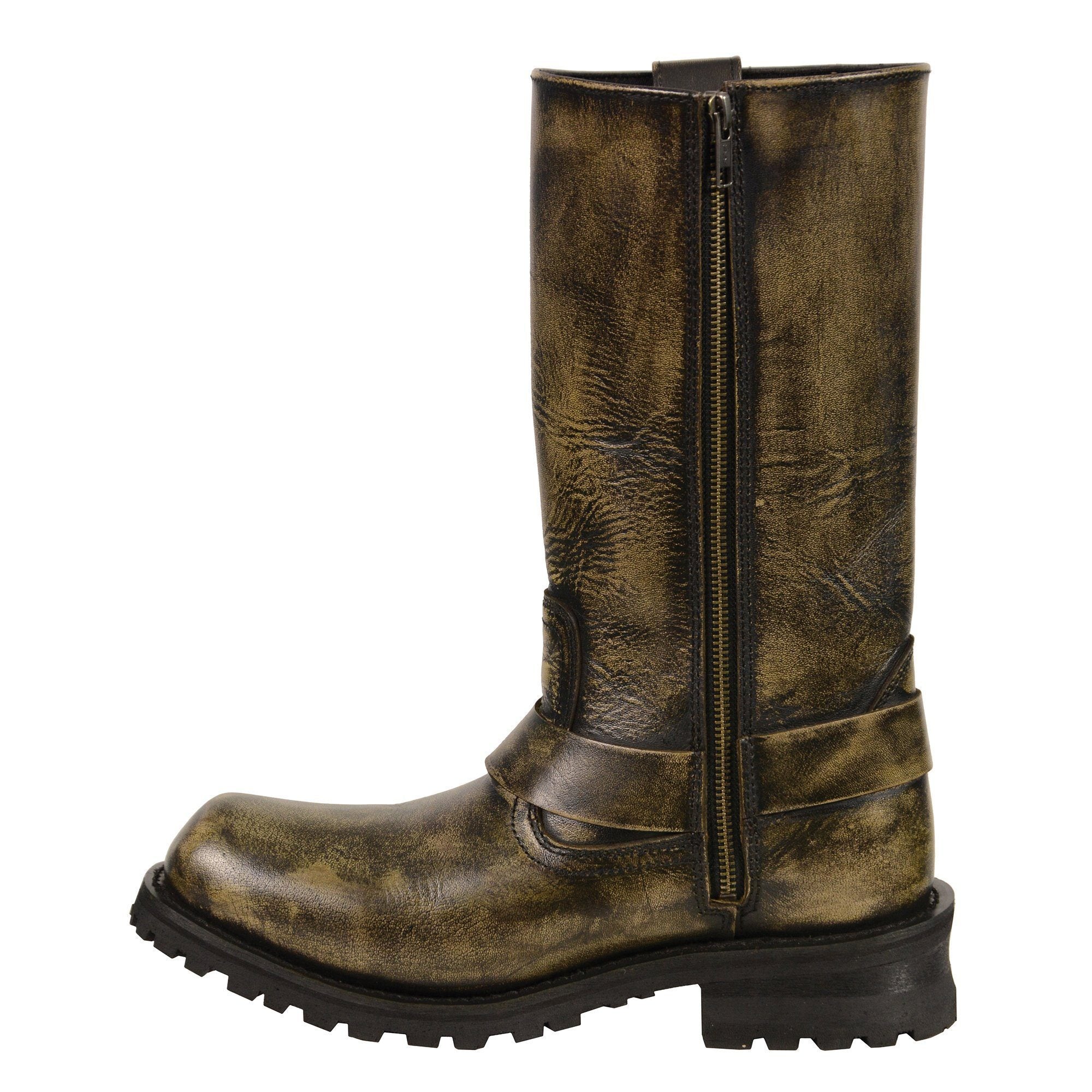 Men's Distressed Brown Leather Wide Width 11-inch Square Toe Harness  Motorcycle Boots MBM9005W