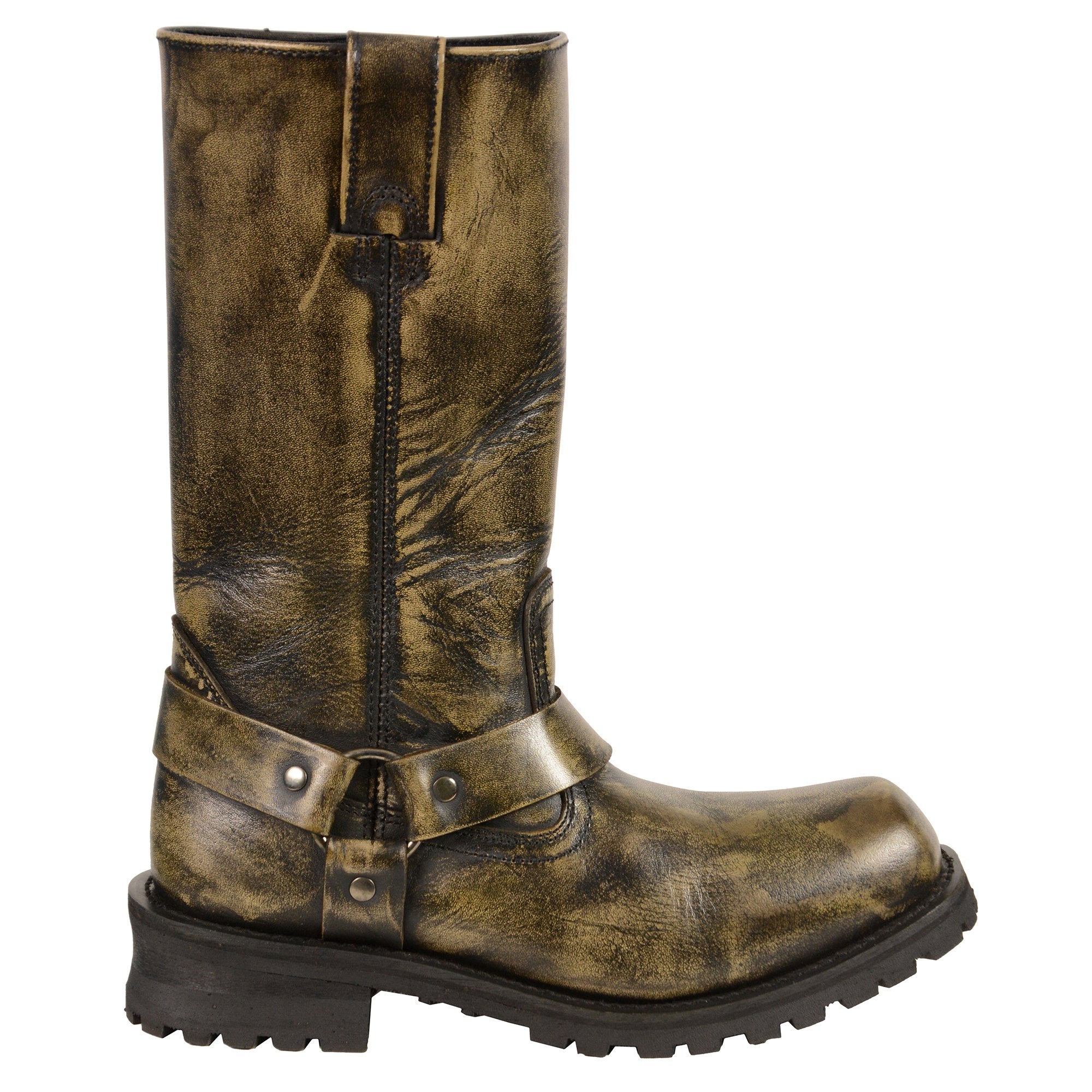 Men's Distressed Brown Leather Wide Width 11-inch Square Toe Harness  Motorcycle Boots MBM9005W