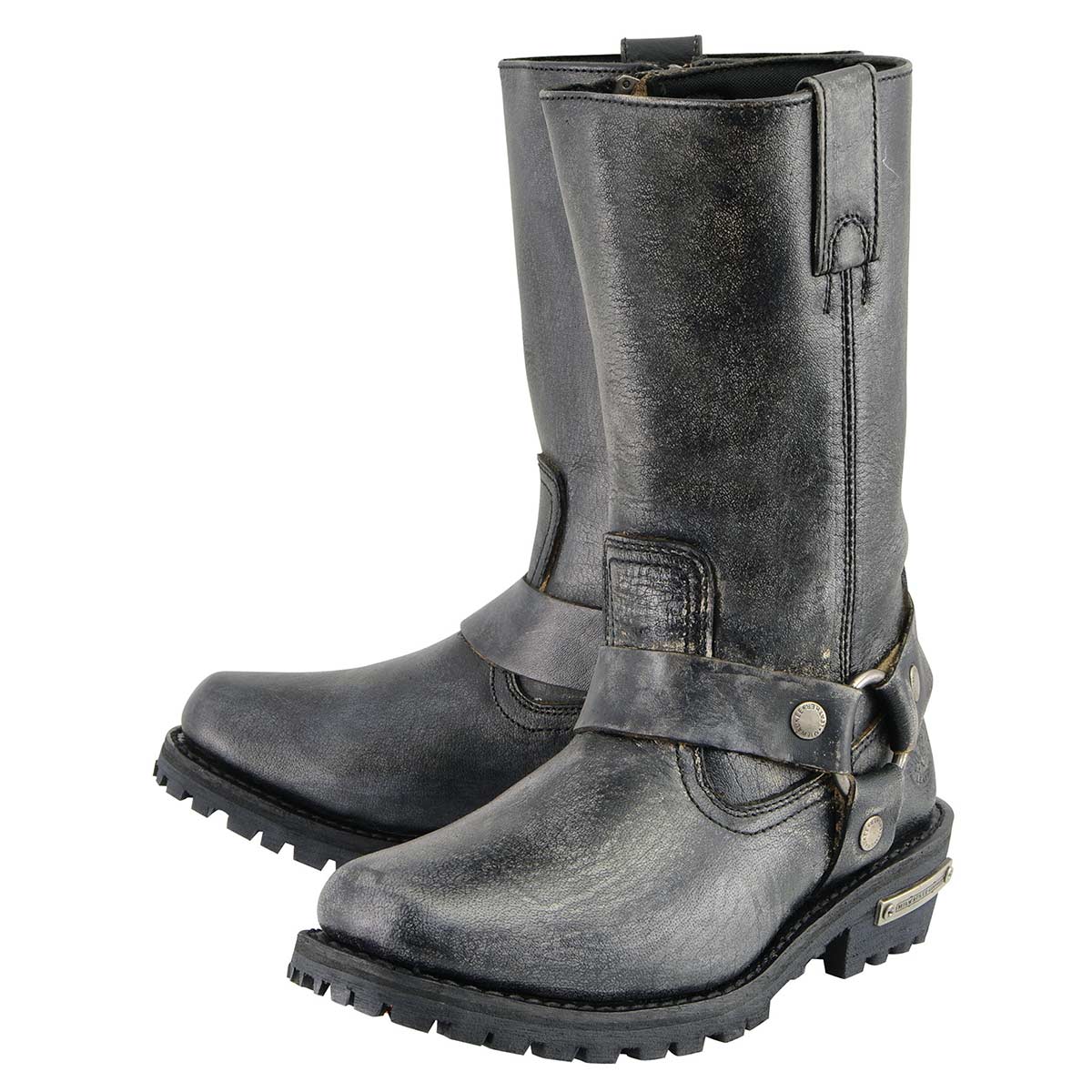 Men's Distressed Gray Leather 11-inch Classic Harness Square Toe Motorcycle Boots MBM9006