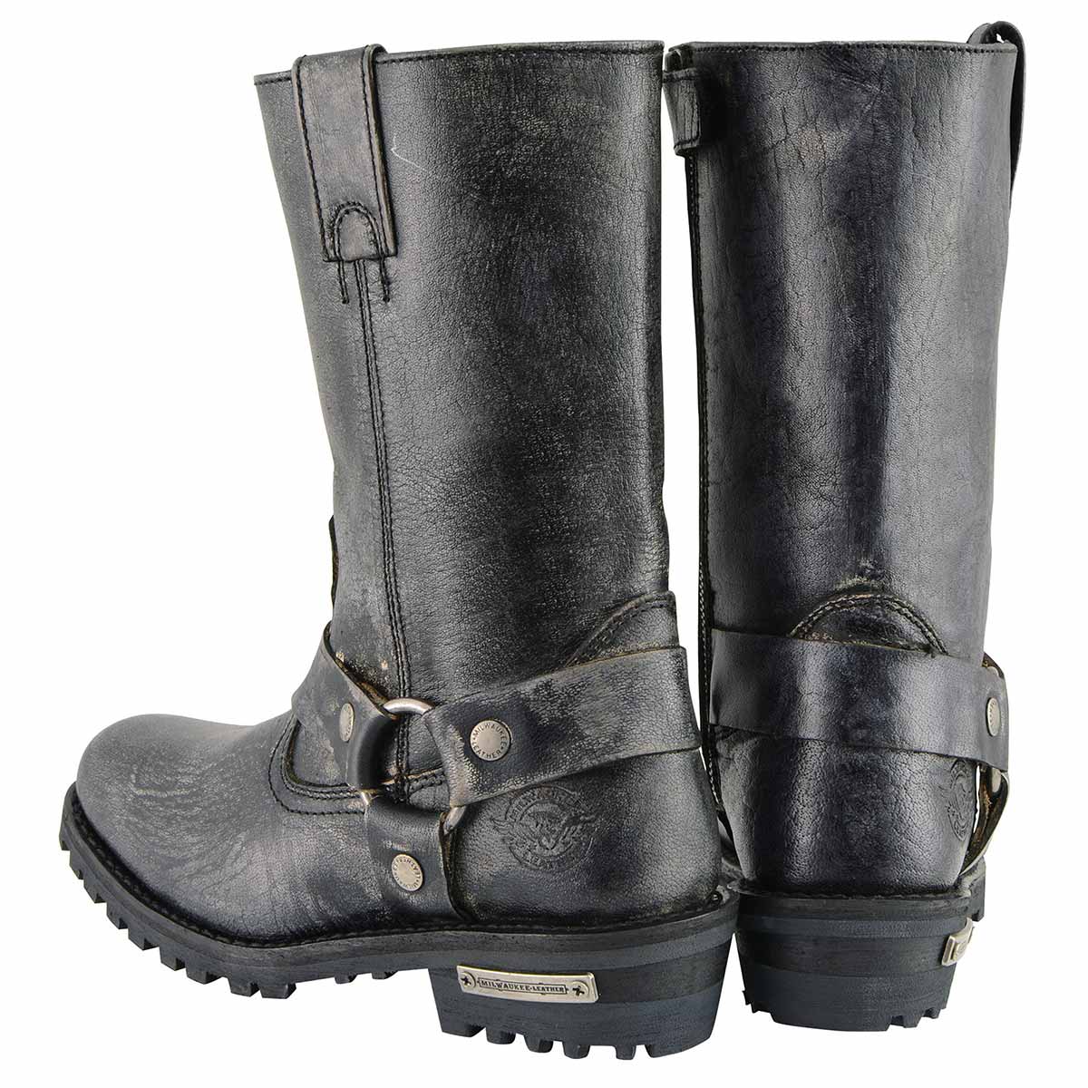Men's Distressed Gray Leather 11-inch Classic Harness Square Toe Motorcycle Boots MBM9006