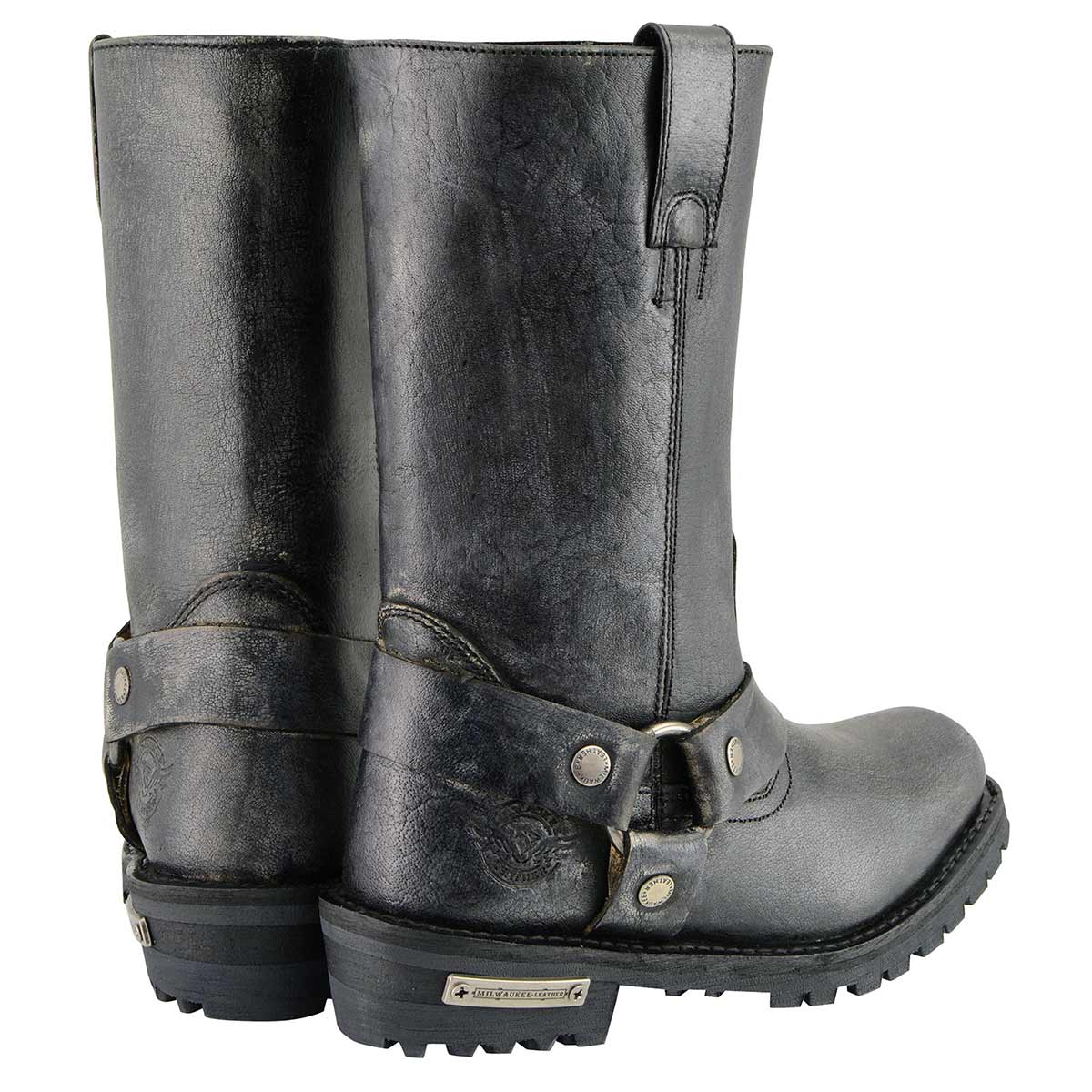 Men's Distressed Gray Leather 11-inch Classic Harness Square Toe Motorcycle Boots MBM9006