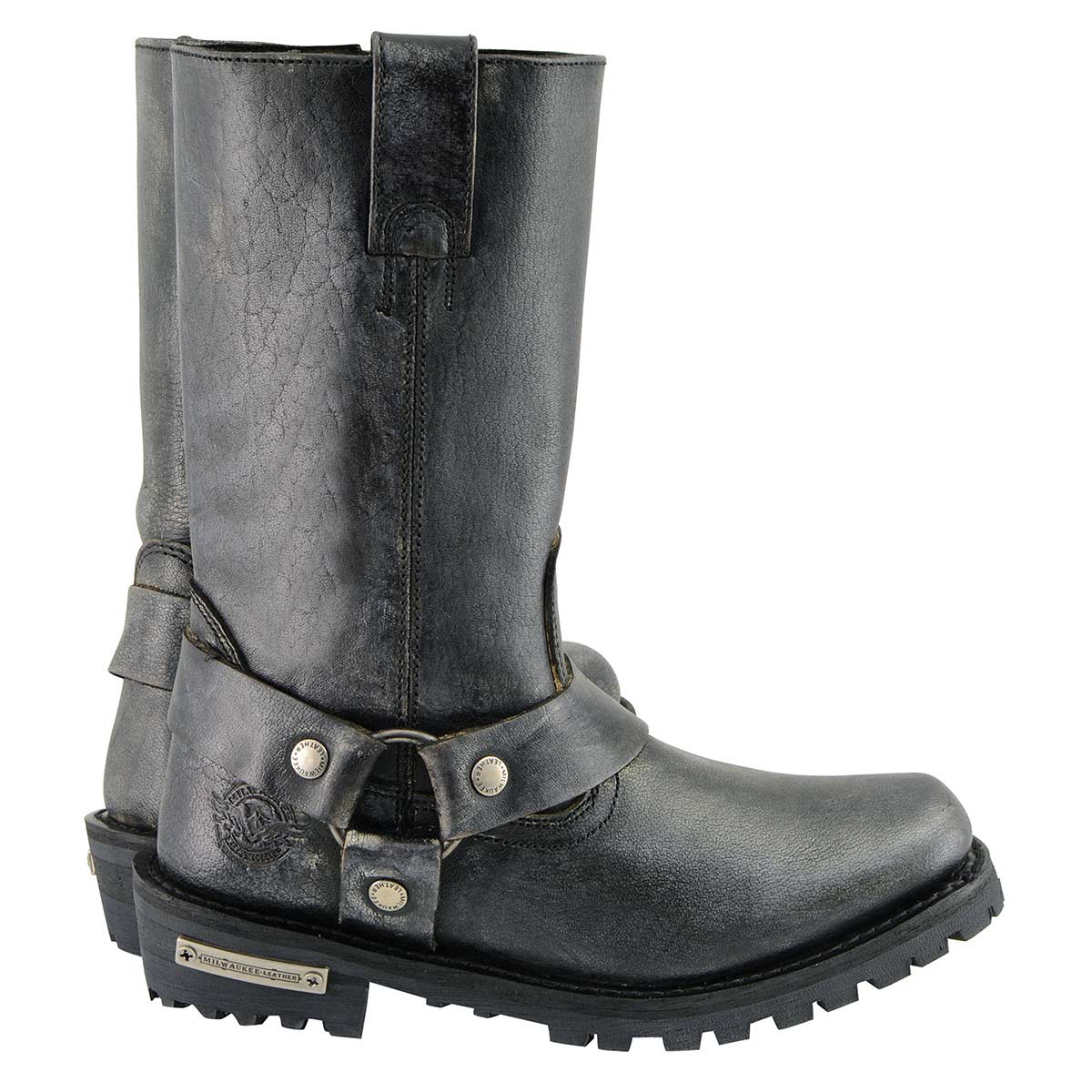 Men's Distressed Gray Leather 11-inch Classic Harness Square Toe Motorcycle Boots MBM9006