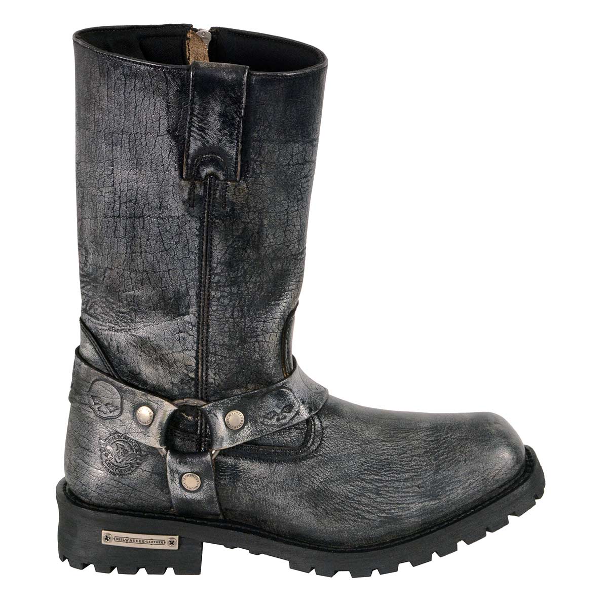 Men's Distressed Gray Leather 11-inch Classic Harness Square Toe Motorcycle Boots MBM9006