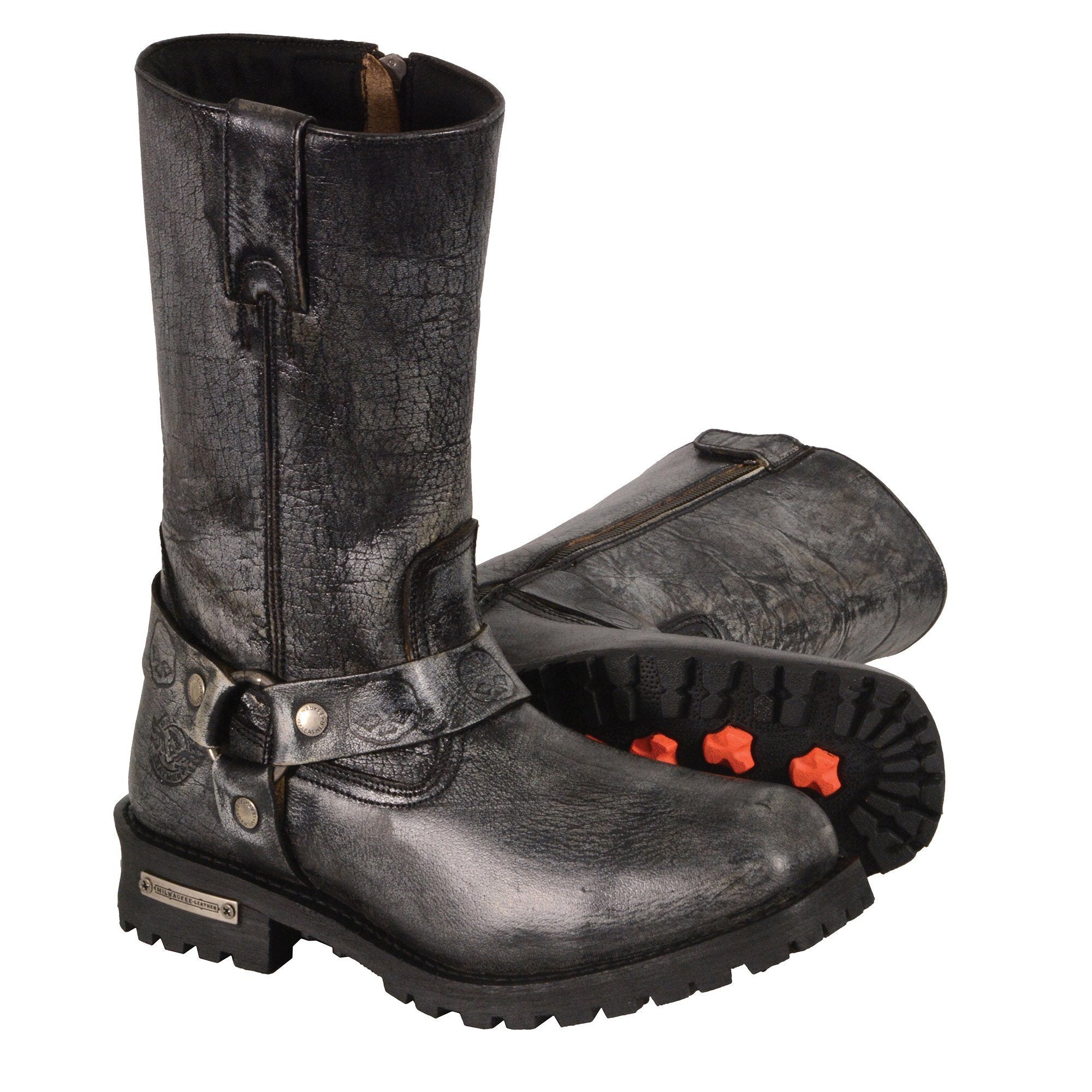 Men's Distressed Gray Leather 11-inch Classic Harness Square Toe Motorcycle Boots MBM9006