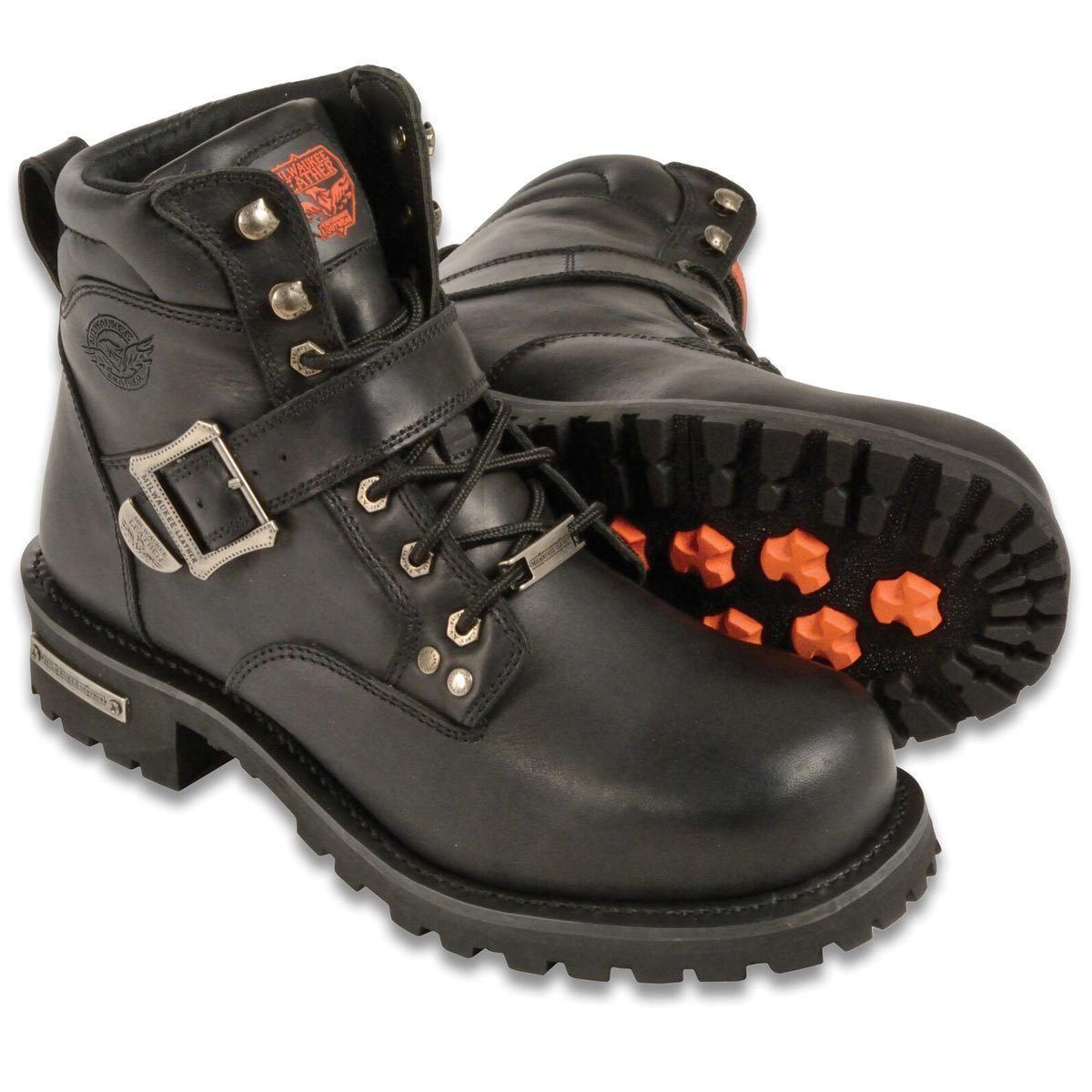 Men's Wide-Width Classic Black Leather Lace-Up 6-inch Engineer Boots with Side Buckle MBM9010W