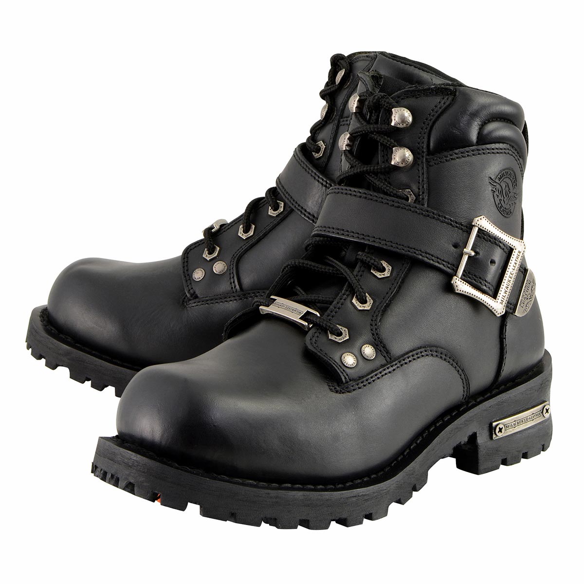 Men's Wide-Width Classic Black Leather Lace-Up 6-inch Engineer Boots with Side Buckle MBM9010W