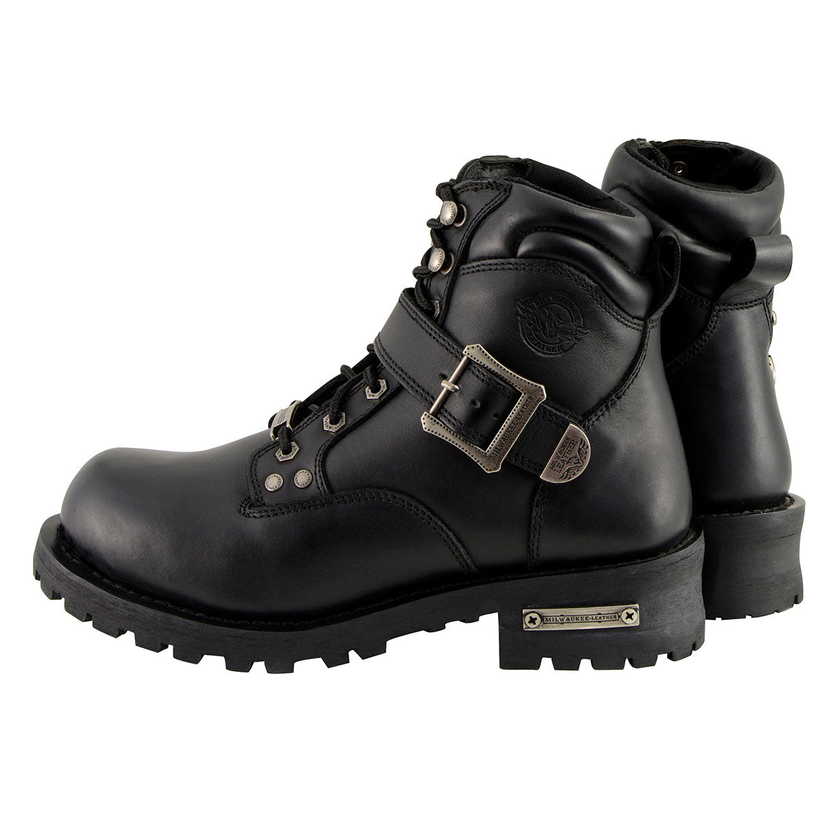 Men's Wide-Width Classic Black Leather Lace-Up 6-inch Engineer Boots with Side Buckle MBM9010W