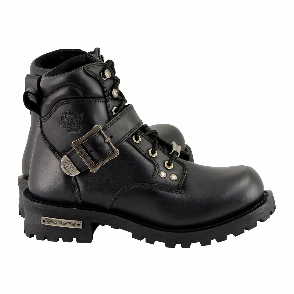 Men's Wide-Width Classic Black Leather Lace-Up 6-inch Engineer Boots with Side Buckle MBM9010W
