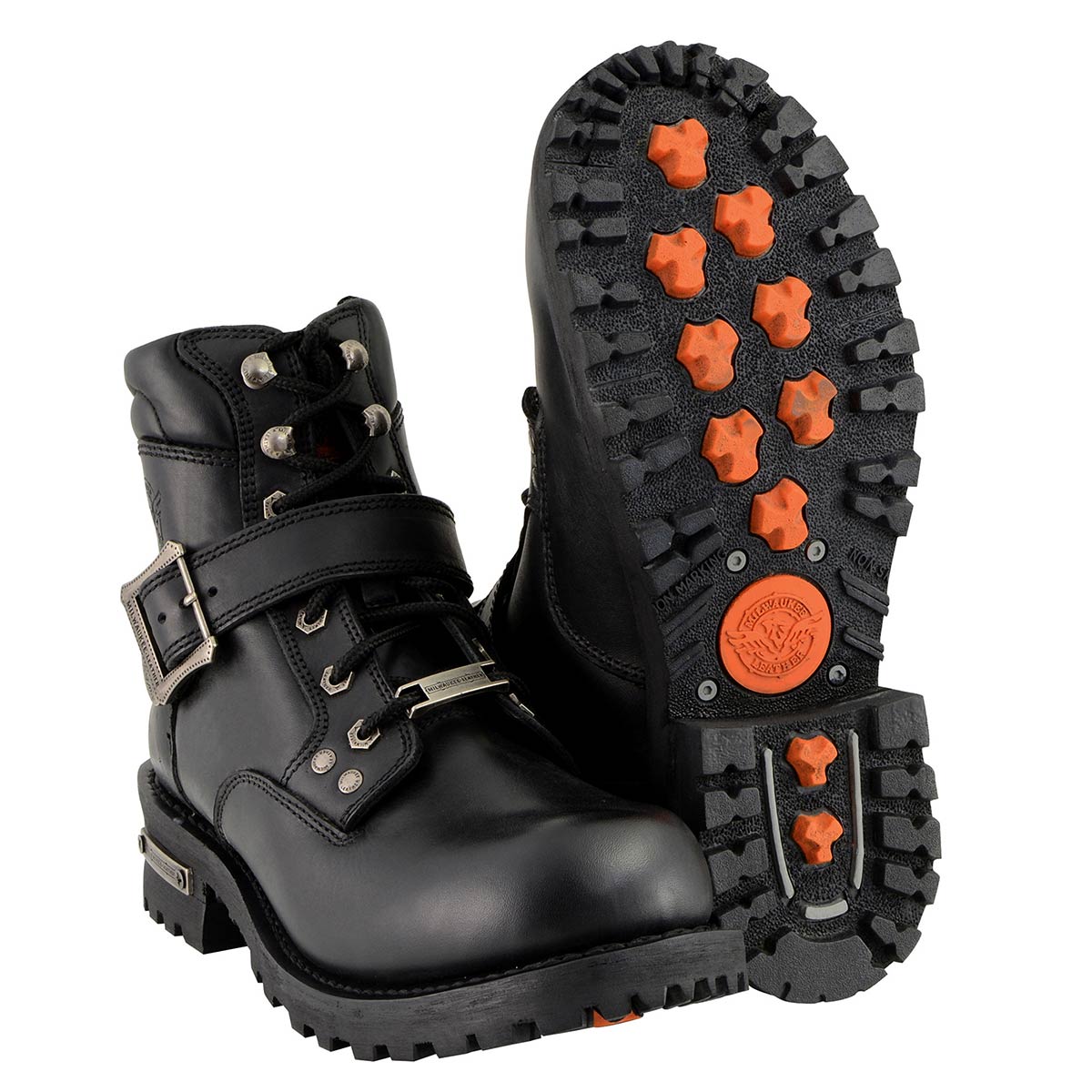 Men's Wide-Width Classic Black Leather Lace-Up 6-inch Engineer Boots with Side Buckle MBM9010W